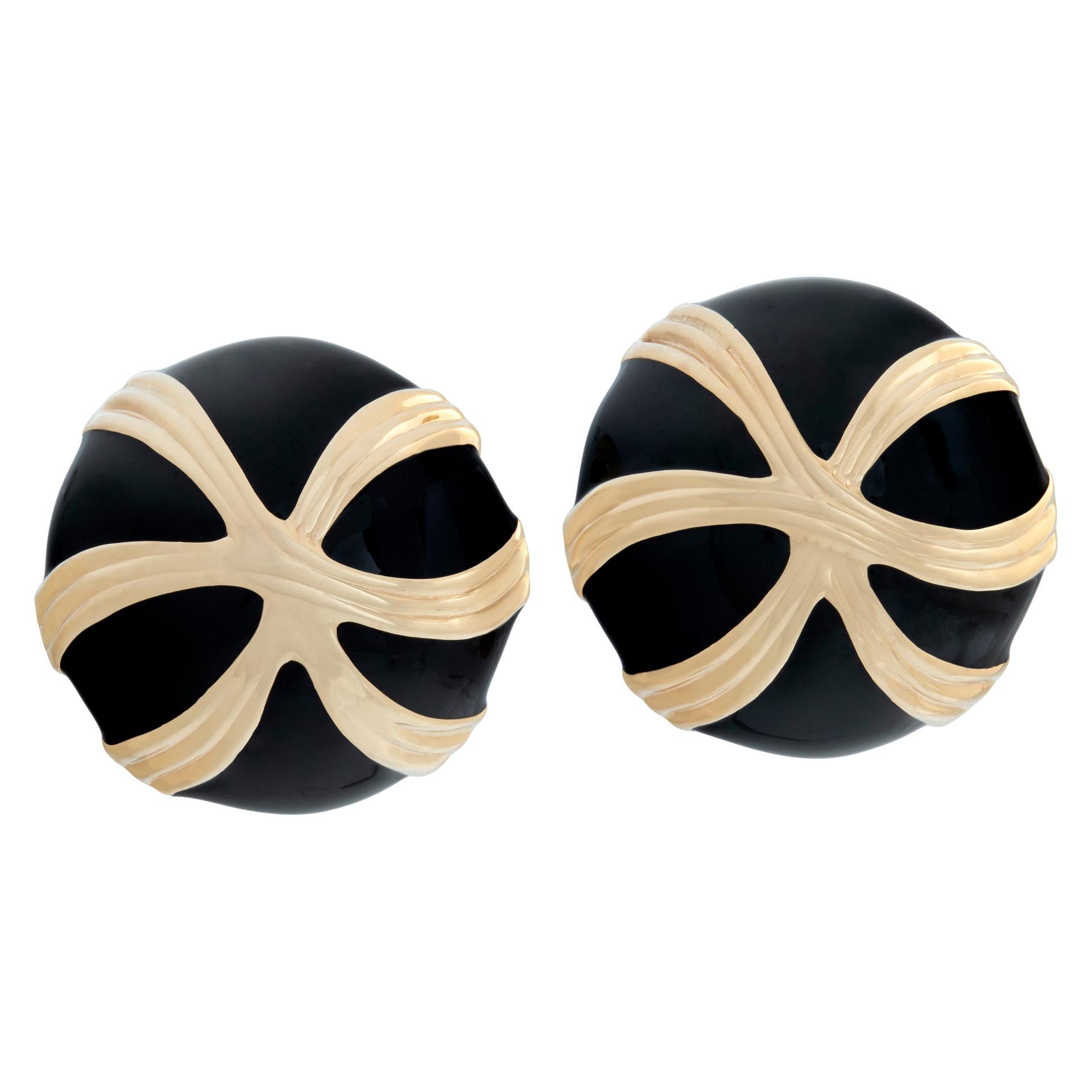 Black Enamel and 14k Yellow Gold Circle Earrings For Sale