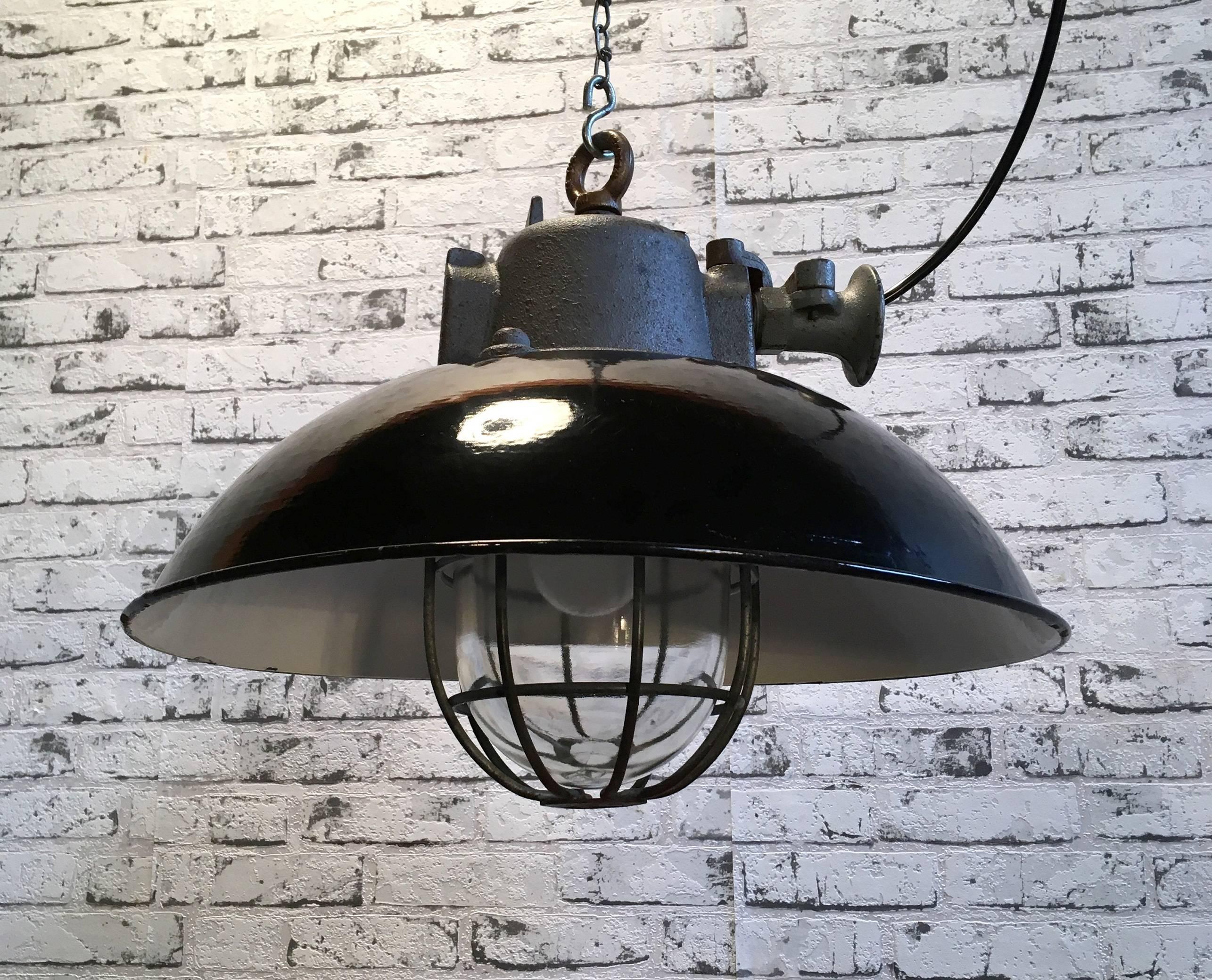 Enameled Black Enamel and Cast Iron Industrial Cage Pendant Lamp, 1950s