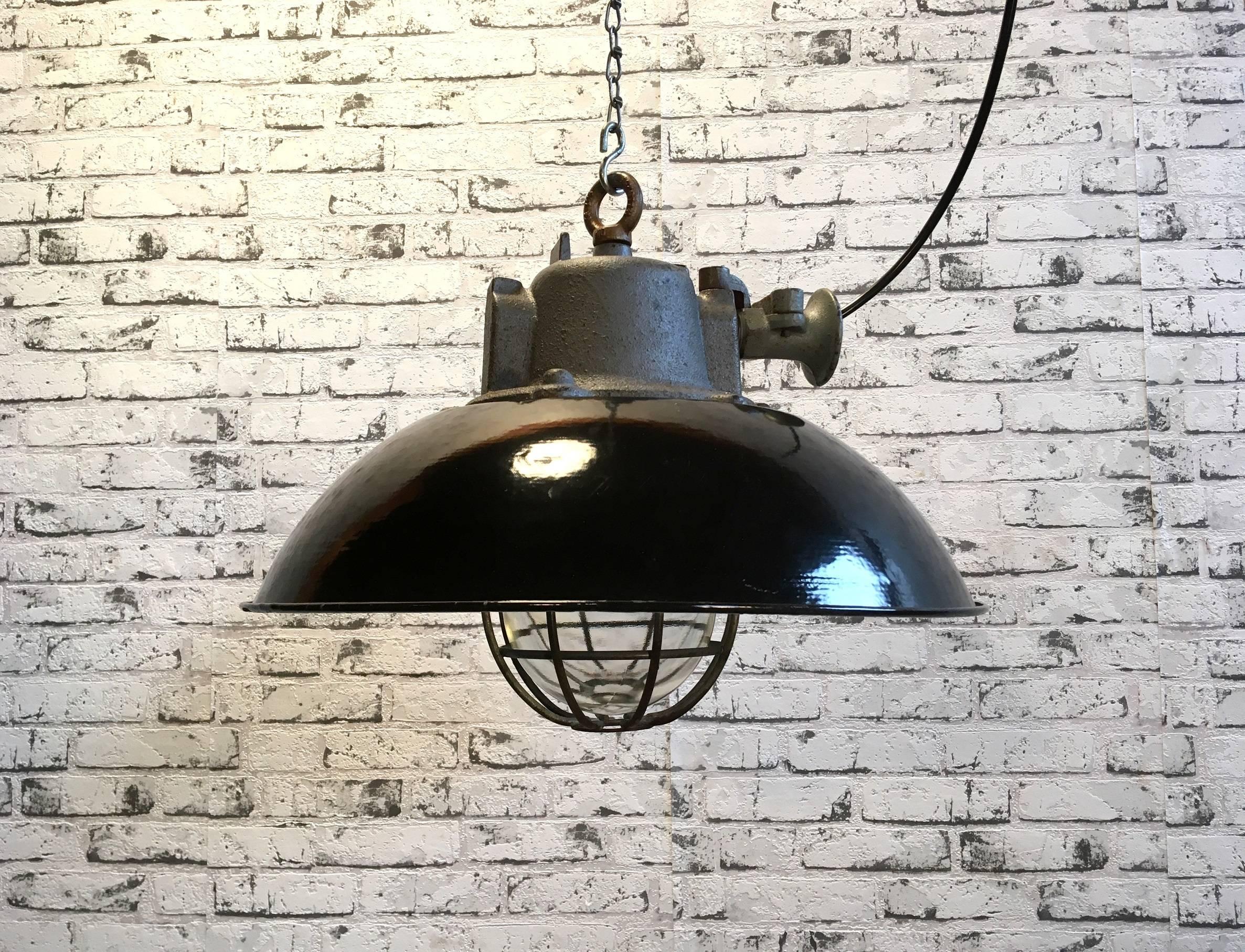 Black Enamel and Cast Iron Industrial Cage Pendant Lamp, 1950s 1