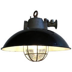 Black Enamel and Cast Iron Industrial Cage Pendant Lamp, 1950s