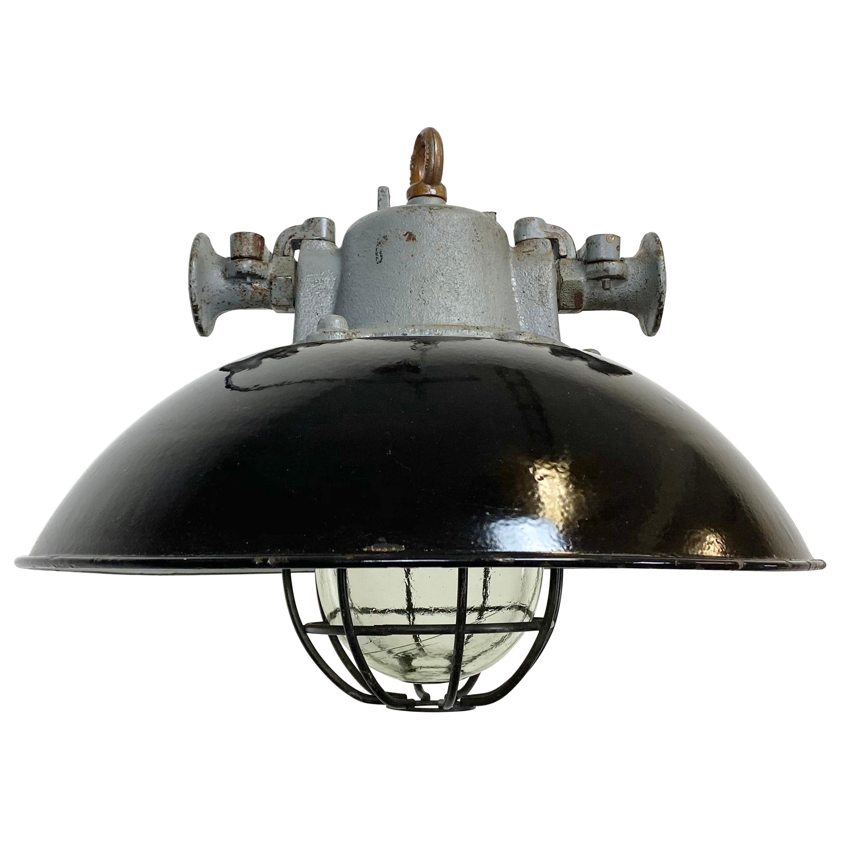 Black Enamel and Cast Iron Industrial Cage Pendant Lamp, 1950s