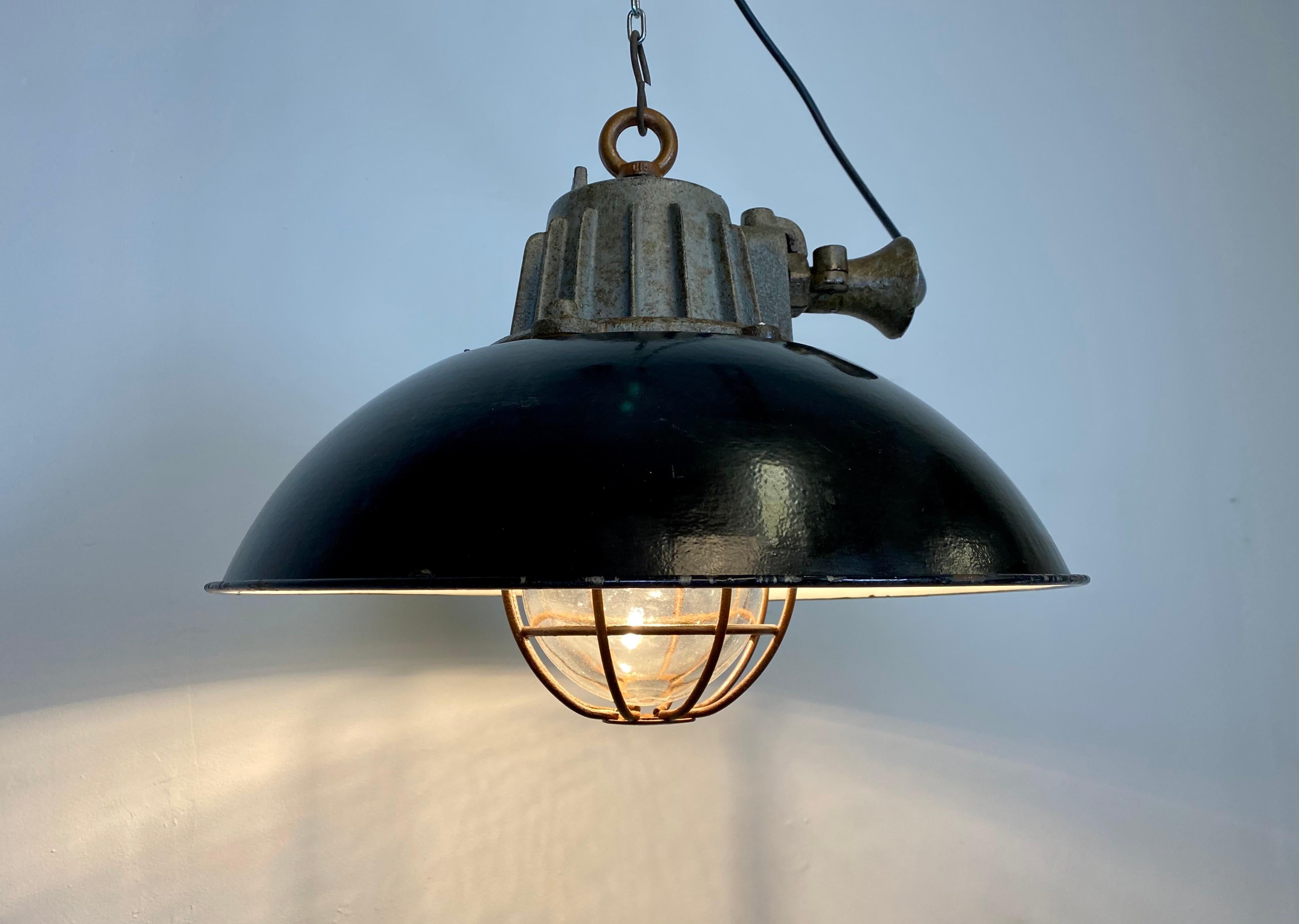 Black Enamel and Cast Iron Industrial Cage Pendant Light, 1950s 5