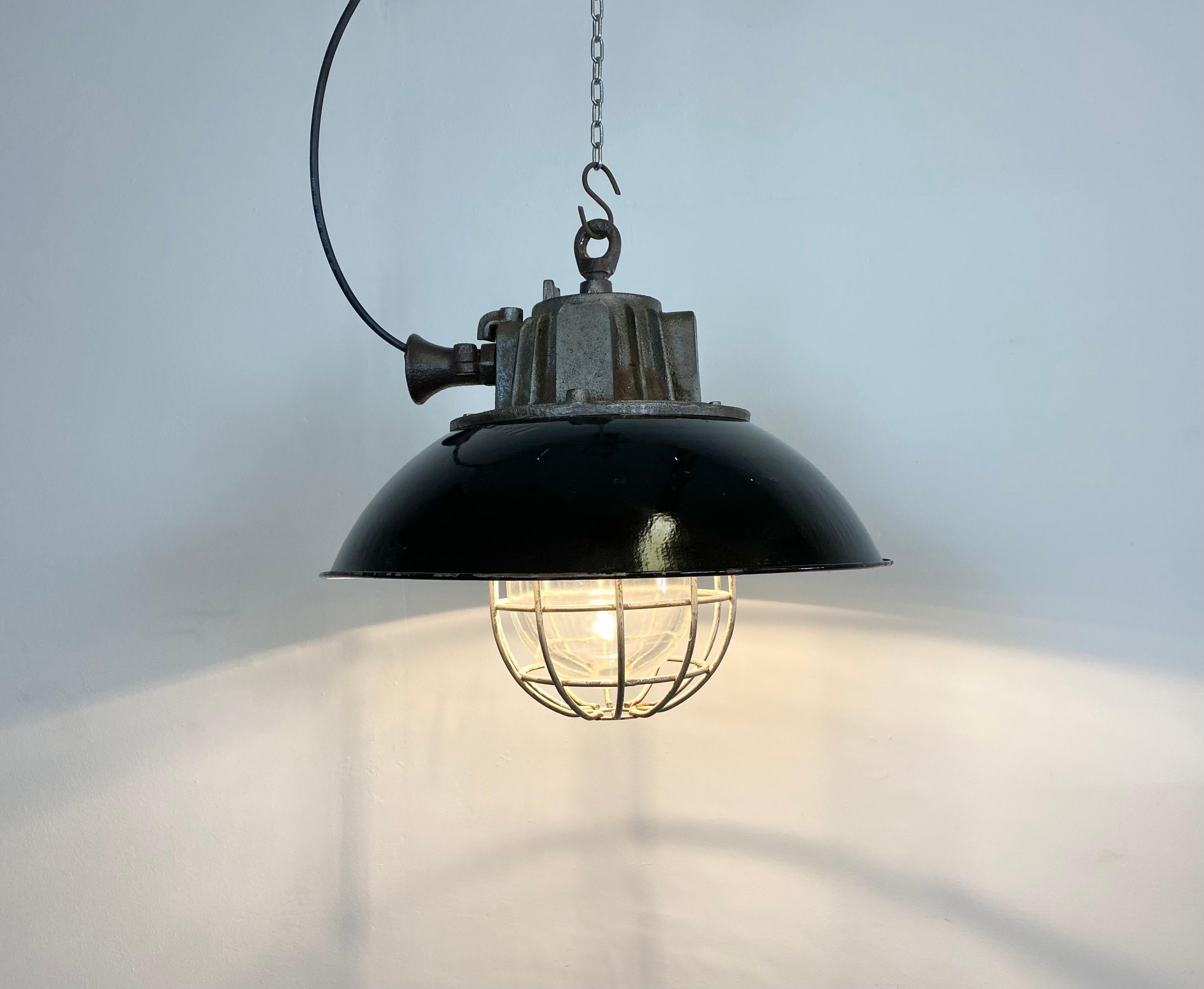 Black Enamel and Cast Iron Industrial Cage Pendant Light, 1950s For Sale 5