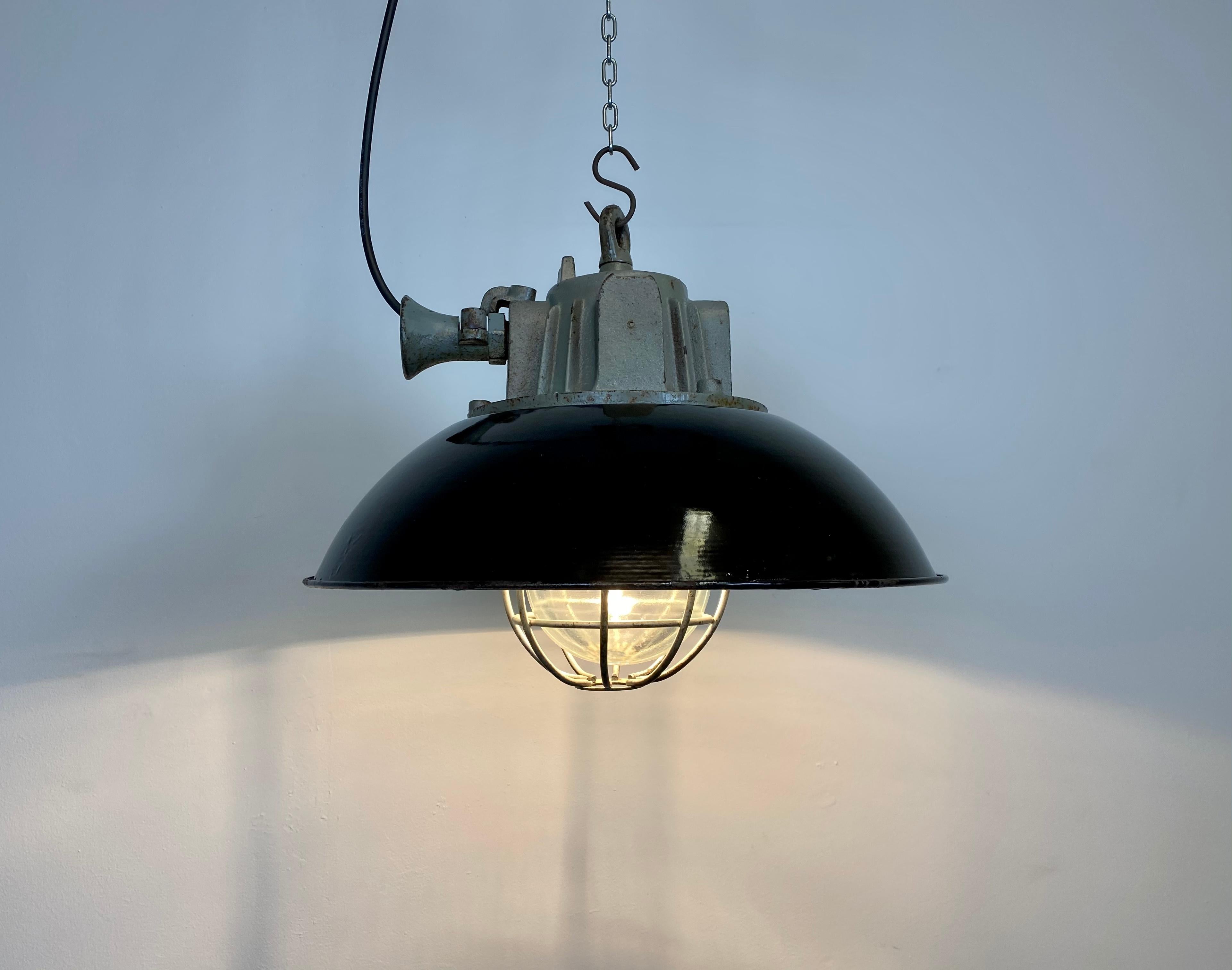 Black Enamel and Cast Iron Industrial Cage Pendant Light, 1950s For Sale 4
