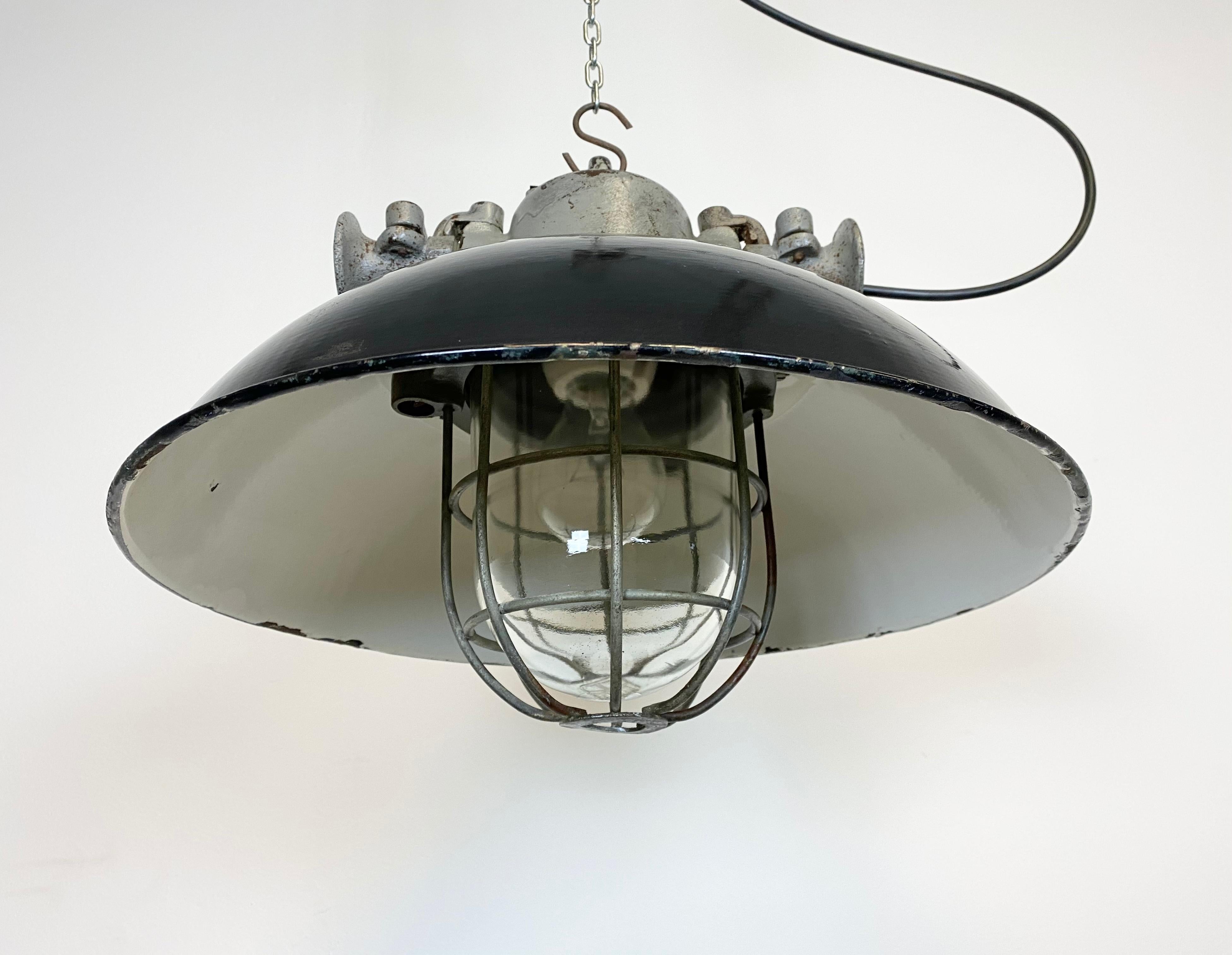 Black Enamel and Cast Iron Industrial Cage Pendant Light, 1950s 5