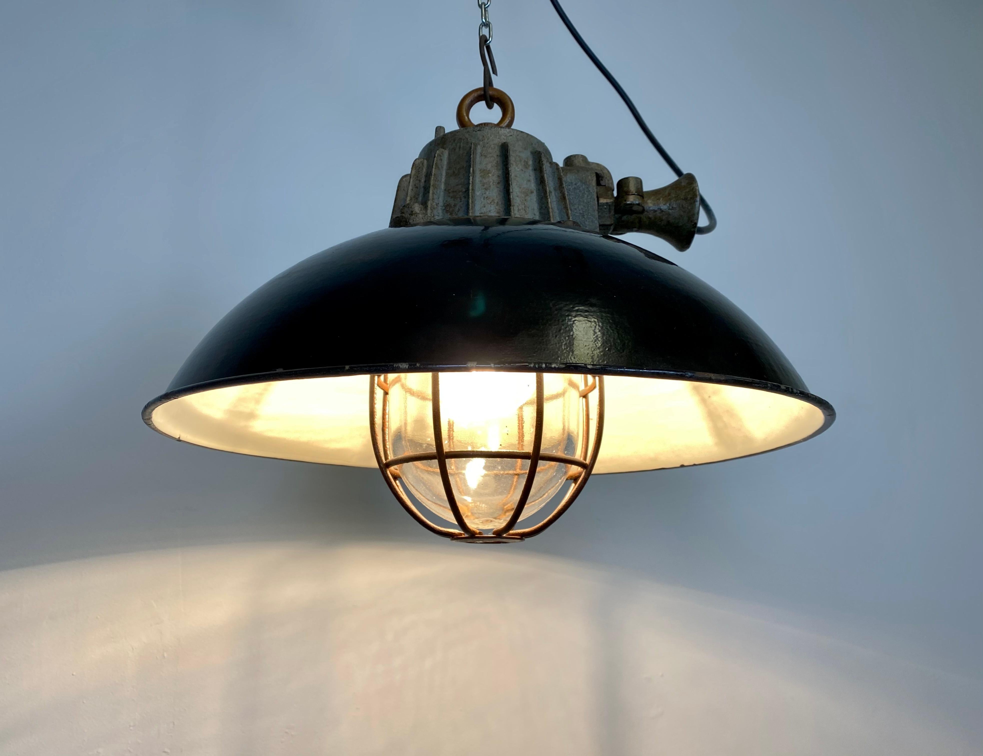 Black Enamel and Cast Iron Industrial Cage Pendant Light, 1950s 6