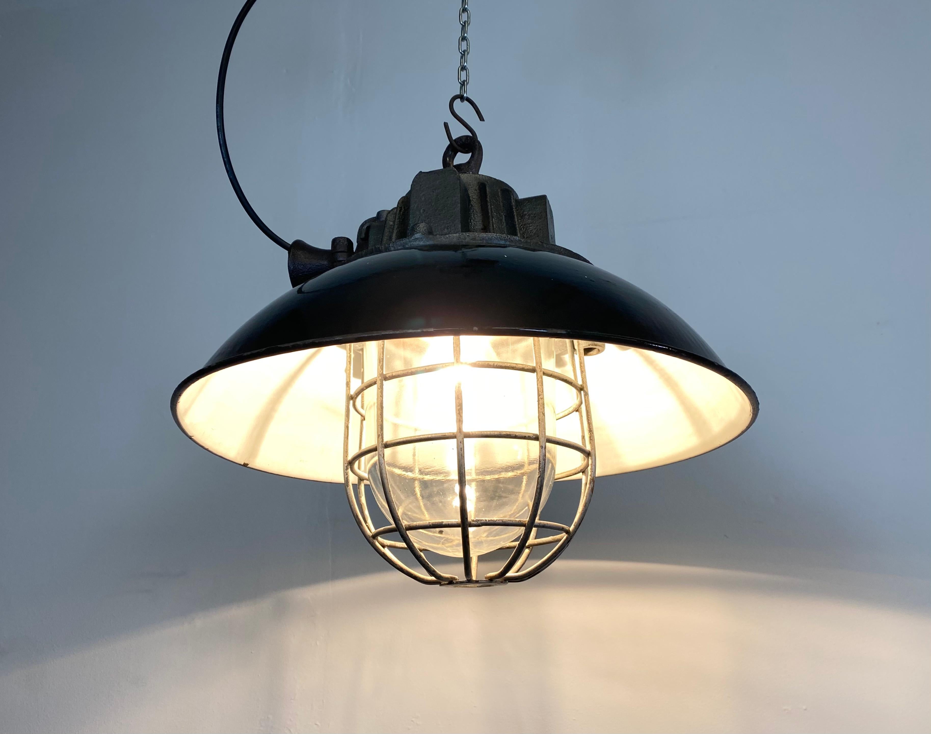 Black Enamel and Cast Iron Industrial Cage Pendant Light, 1950s For Sale 6