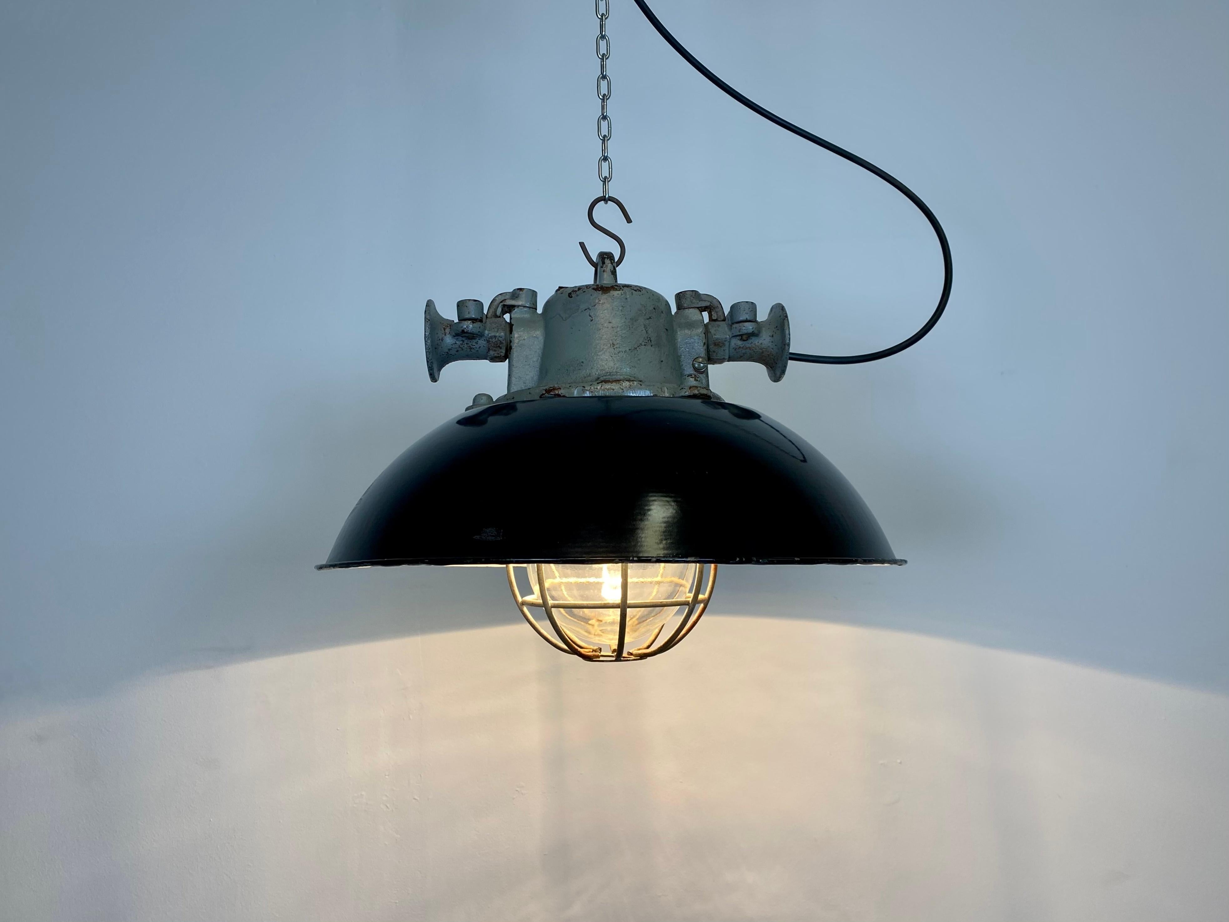 Black Enamel and Cast Iron Industrial Cage Pendant Light, 1950s 6