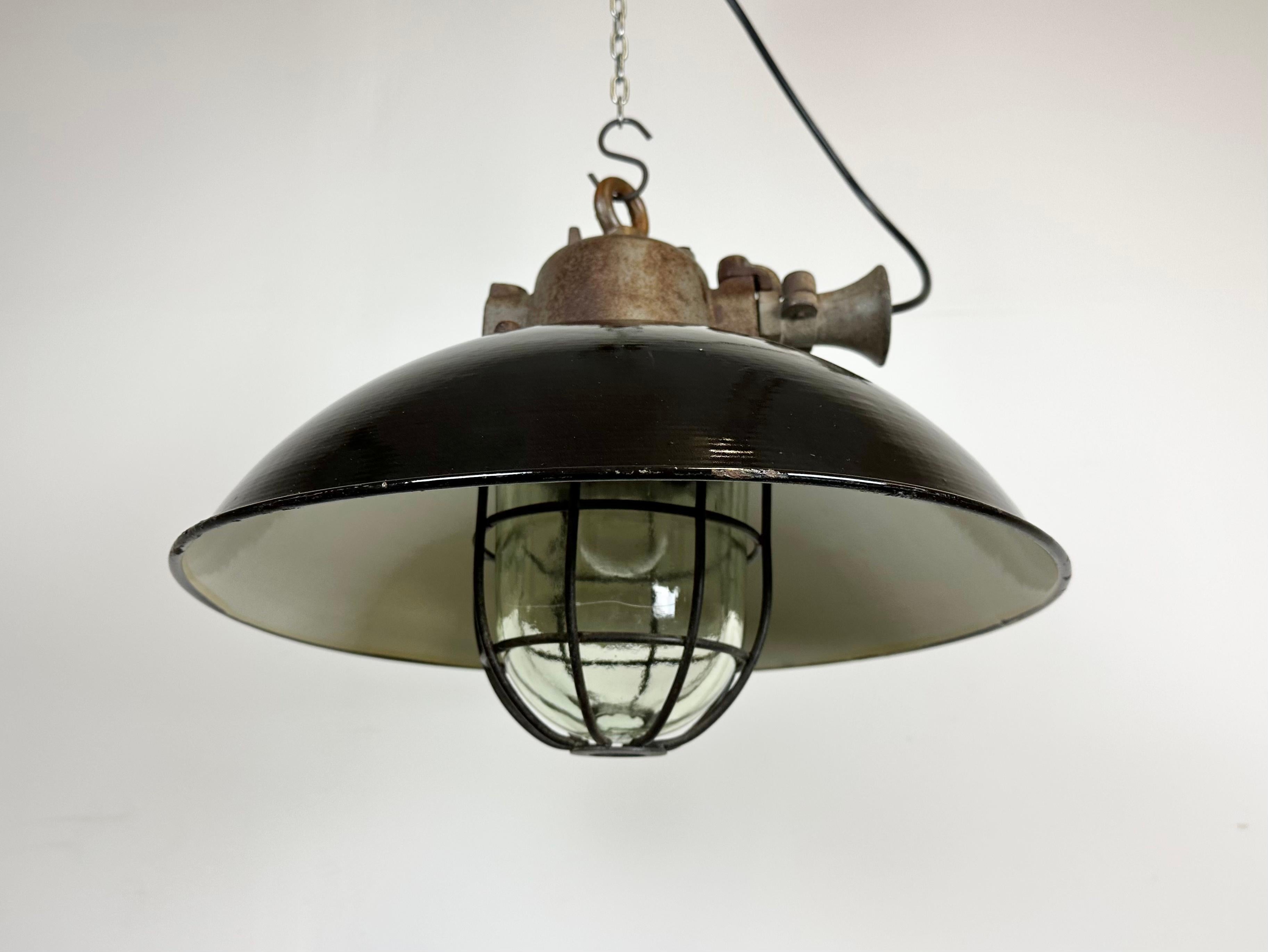 Black Enamel and Cast Iron Industrial Cage Pendant Light, 1950s 5