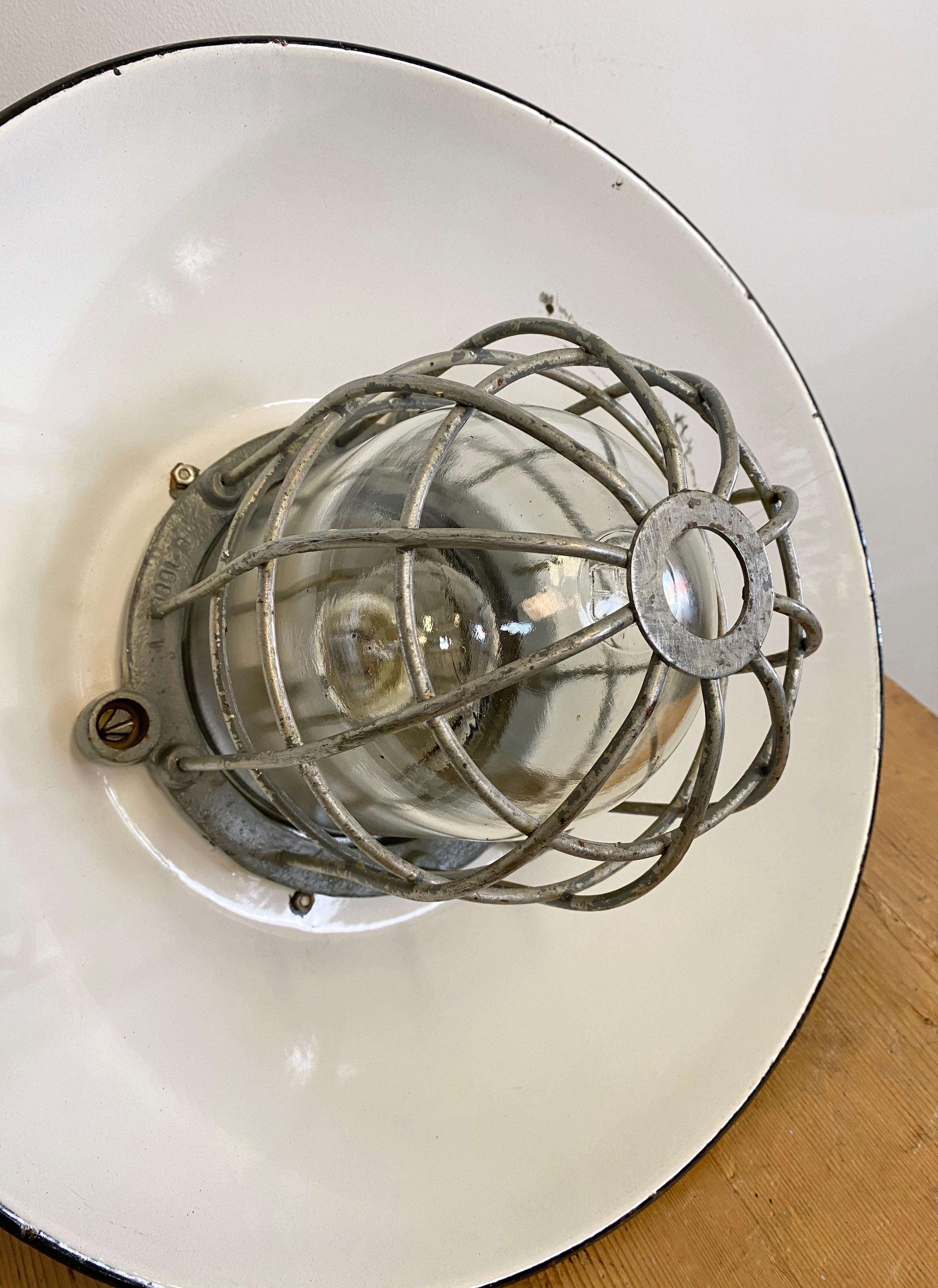 Black Enamel and Cast Iron Industrial Cage Pendant Light, 1950s For Sale 8