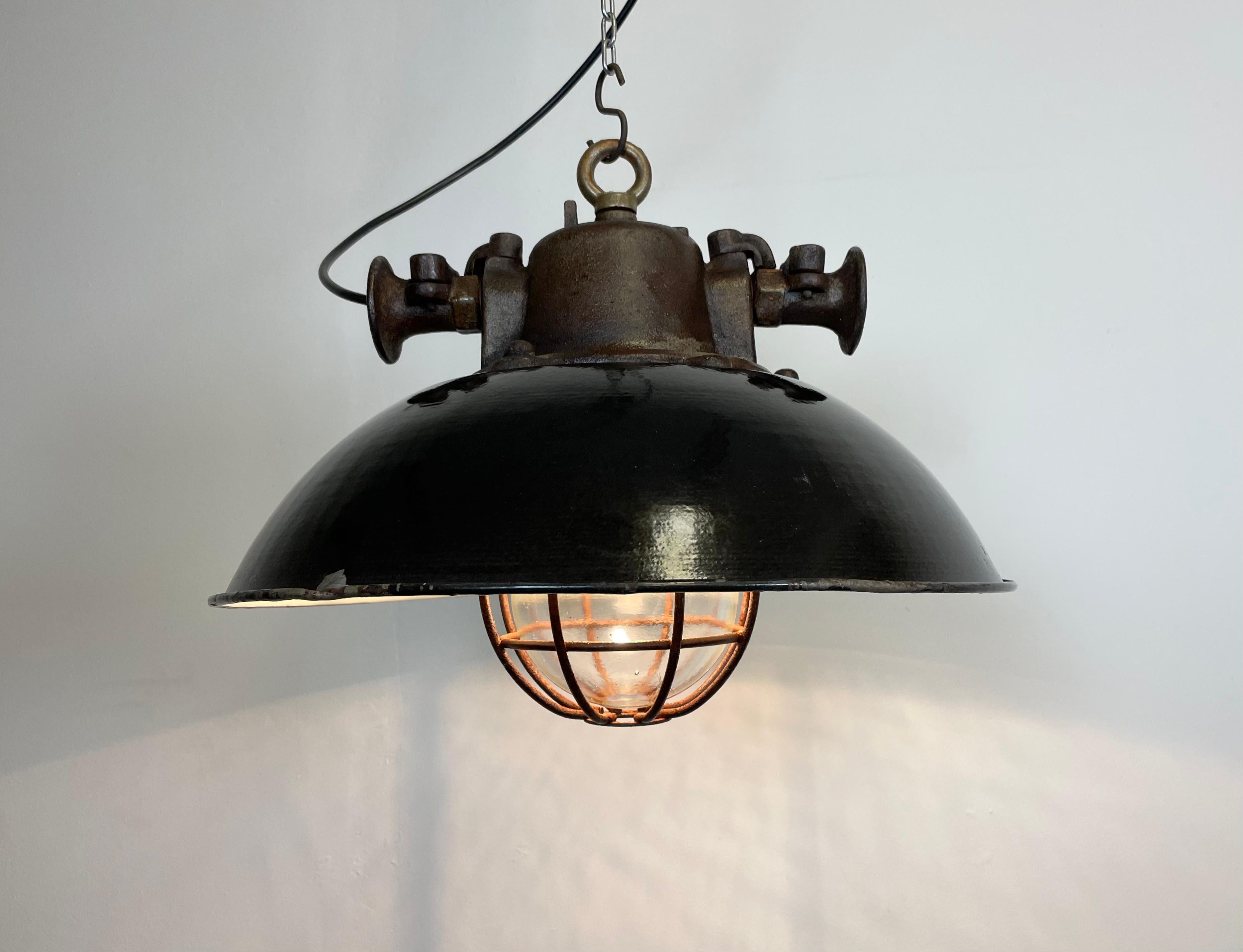 Black Enamel and Cast Iron Industrial Cage Pendant Light, 1950s 8