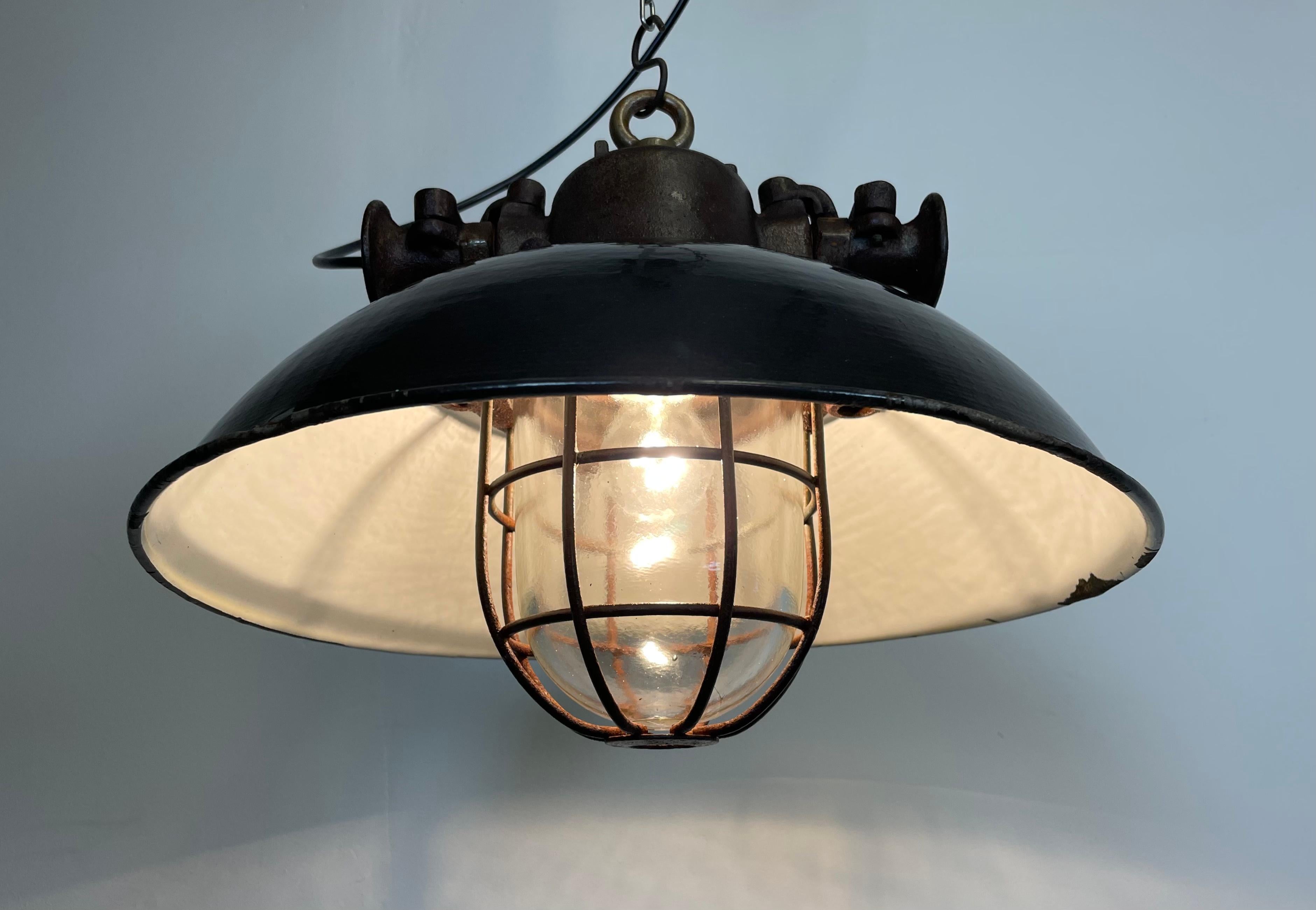 Black Enamel and Cast Iron Industrial Cage Pendant Light, 1950s 9