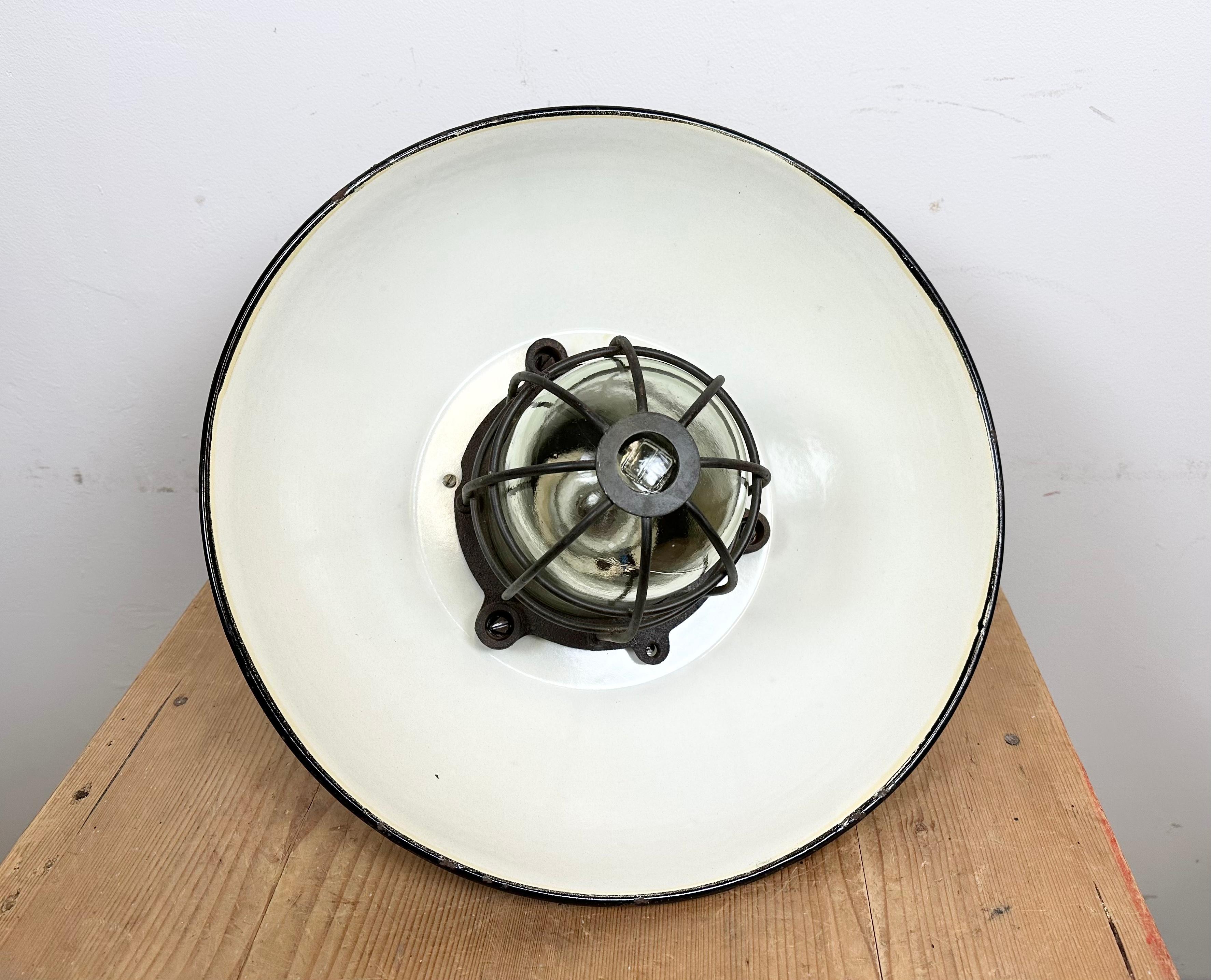 Black Enamel and Cast Iron Industrial Cage Pendant Light, 1950s 7