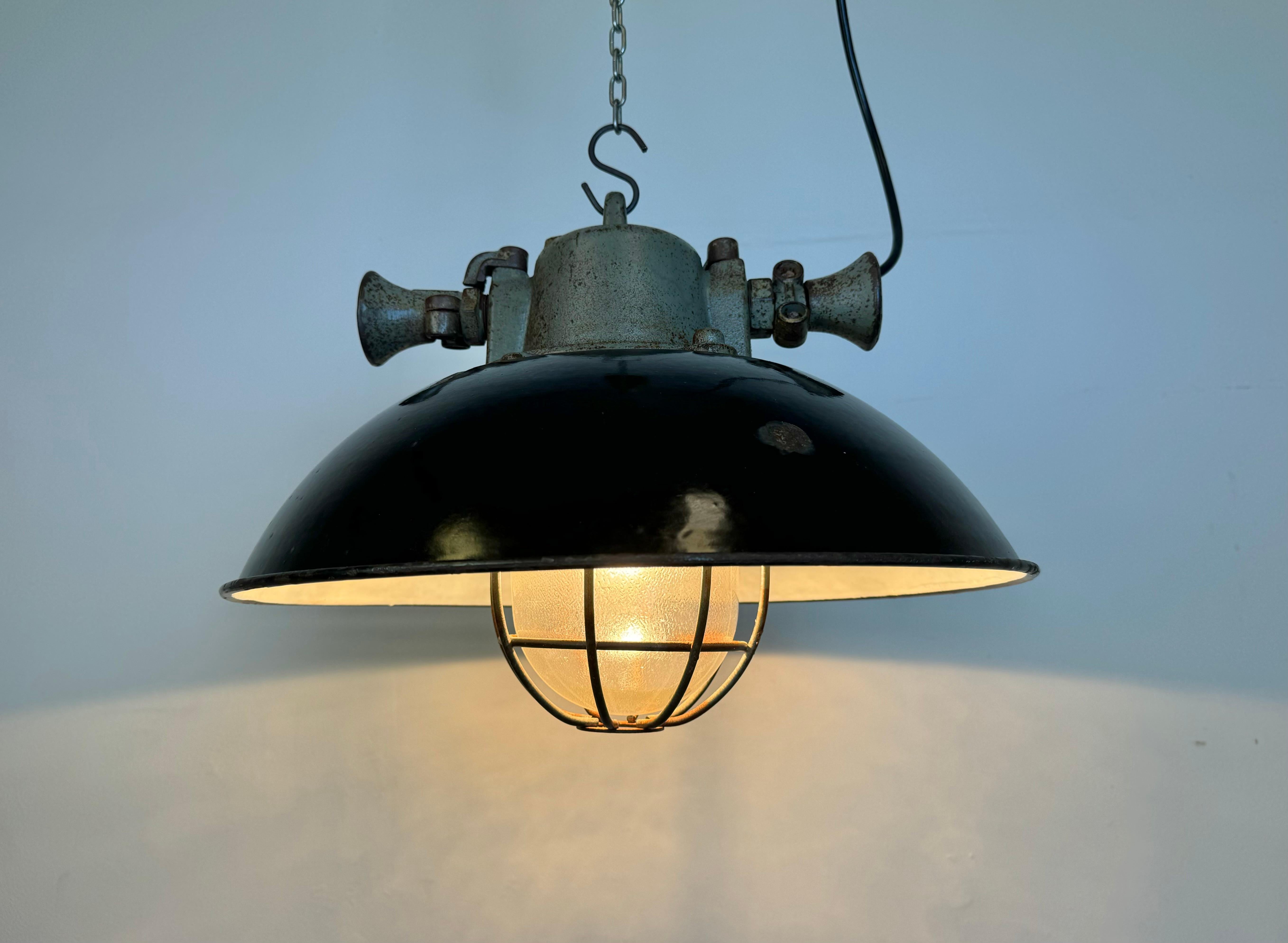 Black Enamel and Cast Iron Industrial Cage Pendant Light, 1950s 9