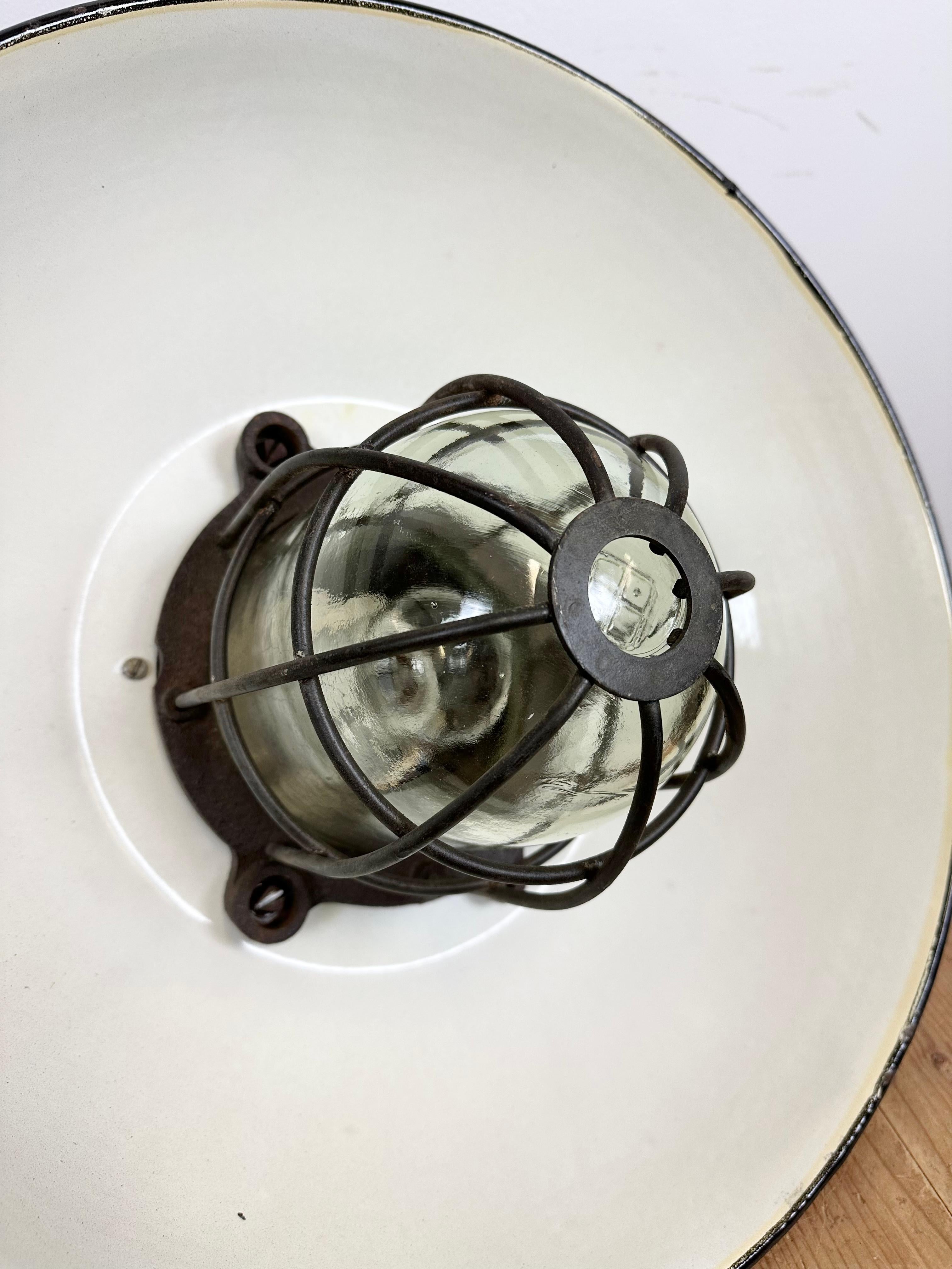 Black Enamel and Cast Iron Industrial Cage Pendant Light, 1950s 8