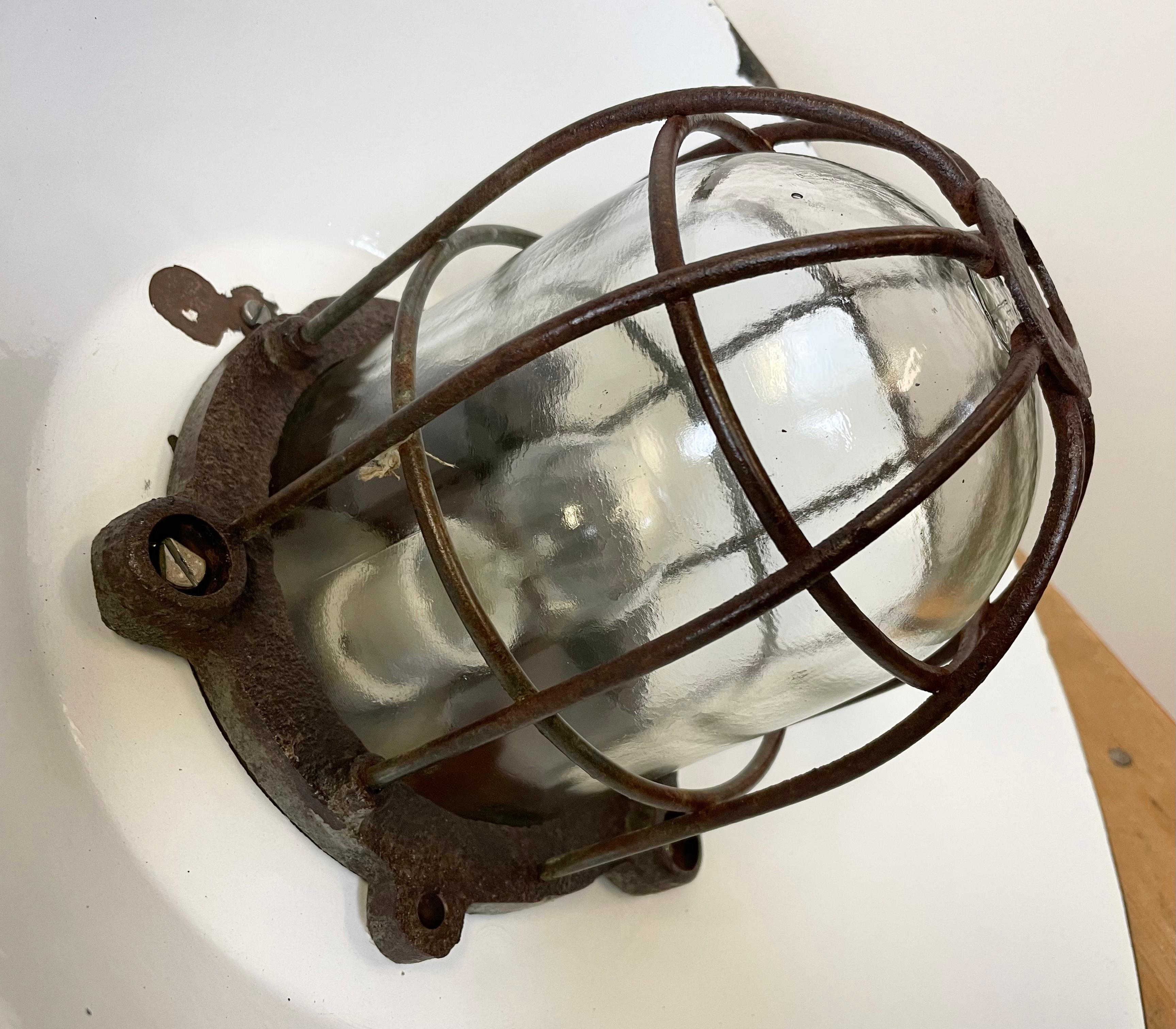 Black Enamel and Cast Iron Industrial Cage Pendant Light, 1950s 12