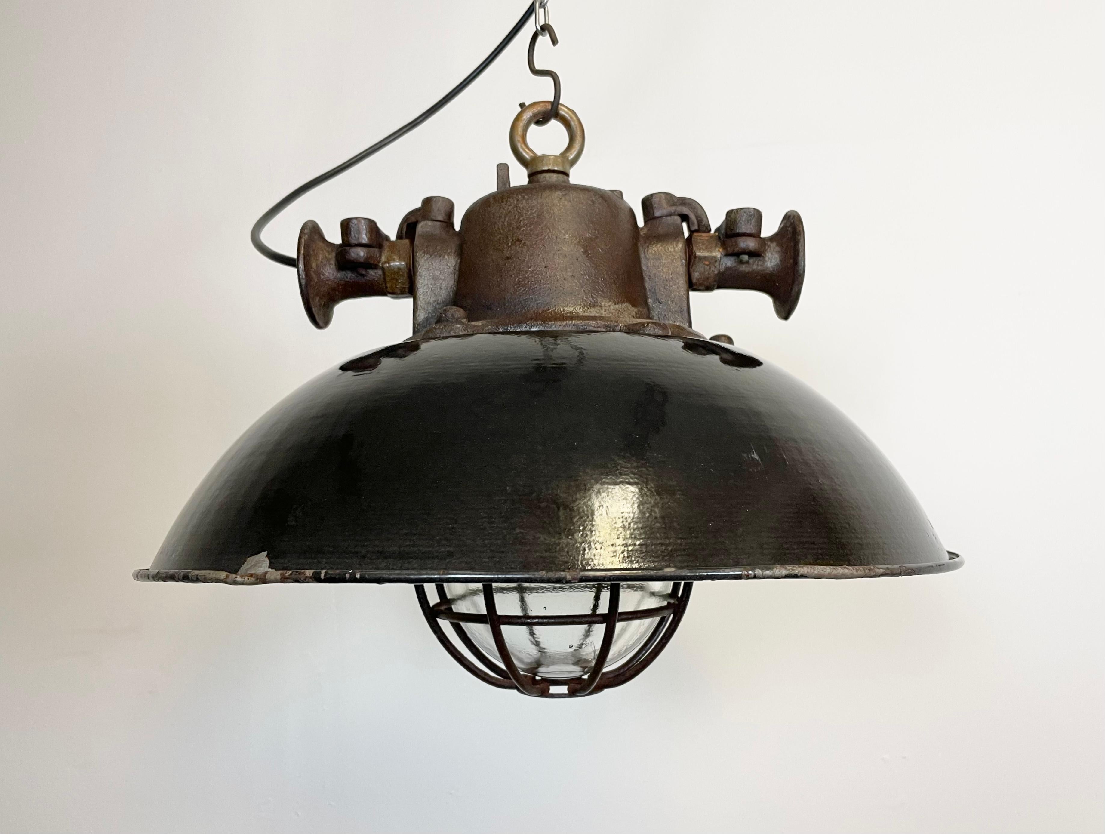 Czech Black Enamel and Cast Iron Industrial Cage Pendant Light, 1950s