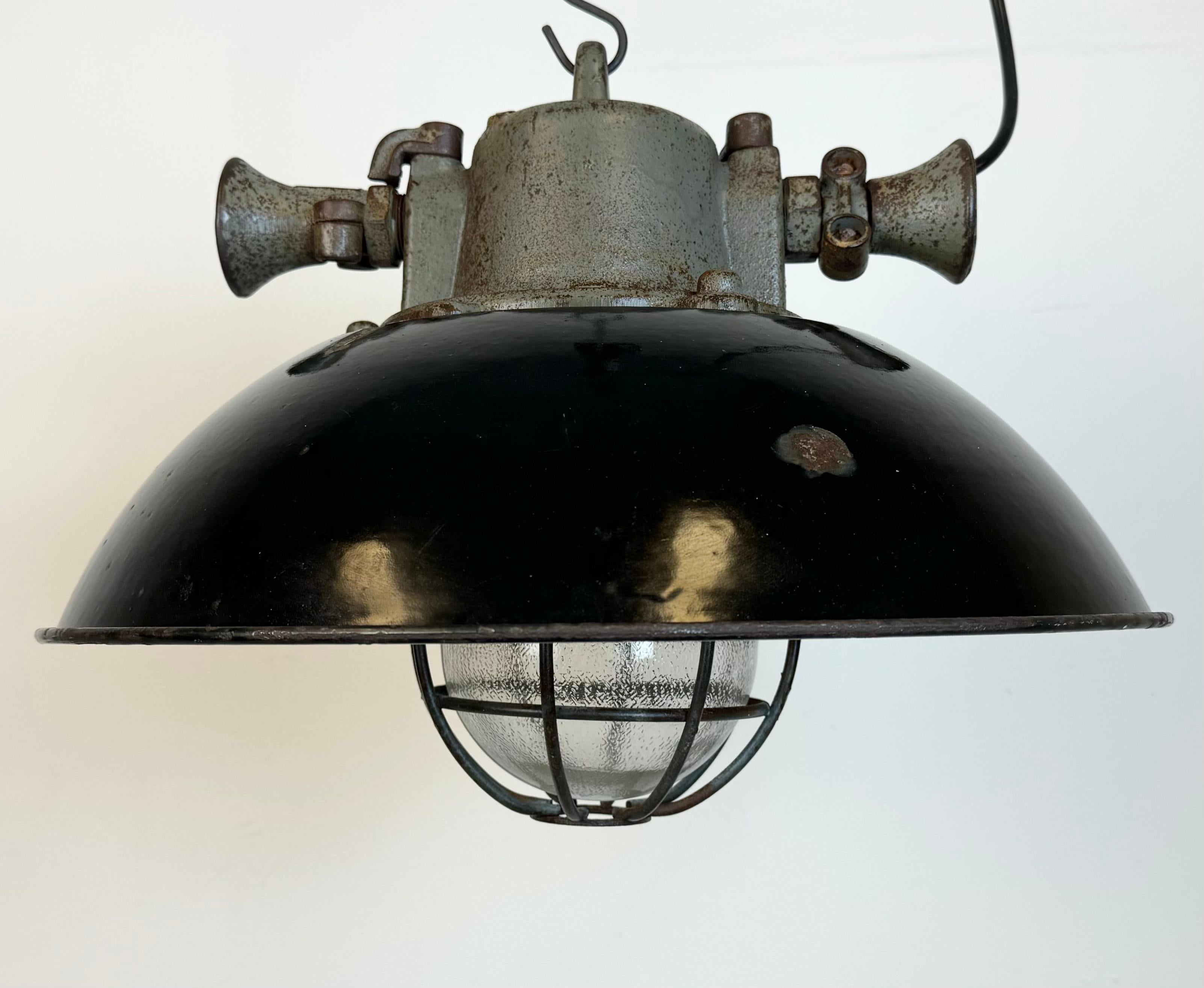 Czech Black Enamel and Cast Iron Industrial Cage Pendant Light, 1950s