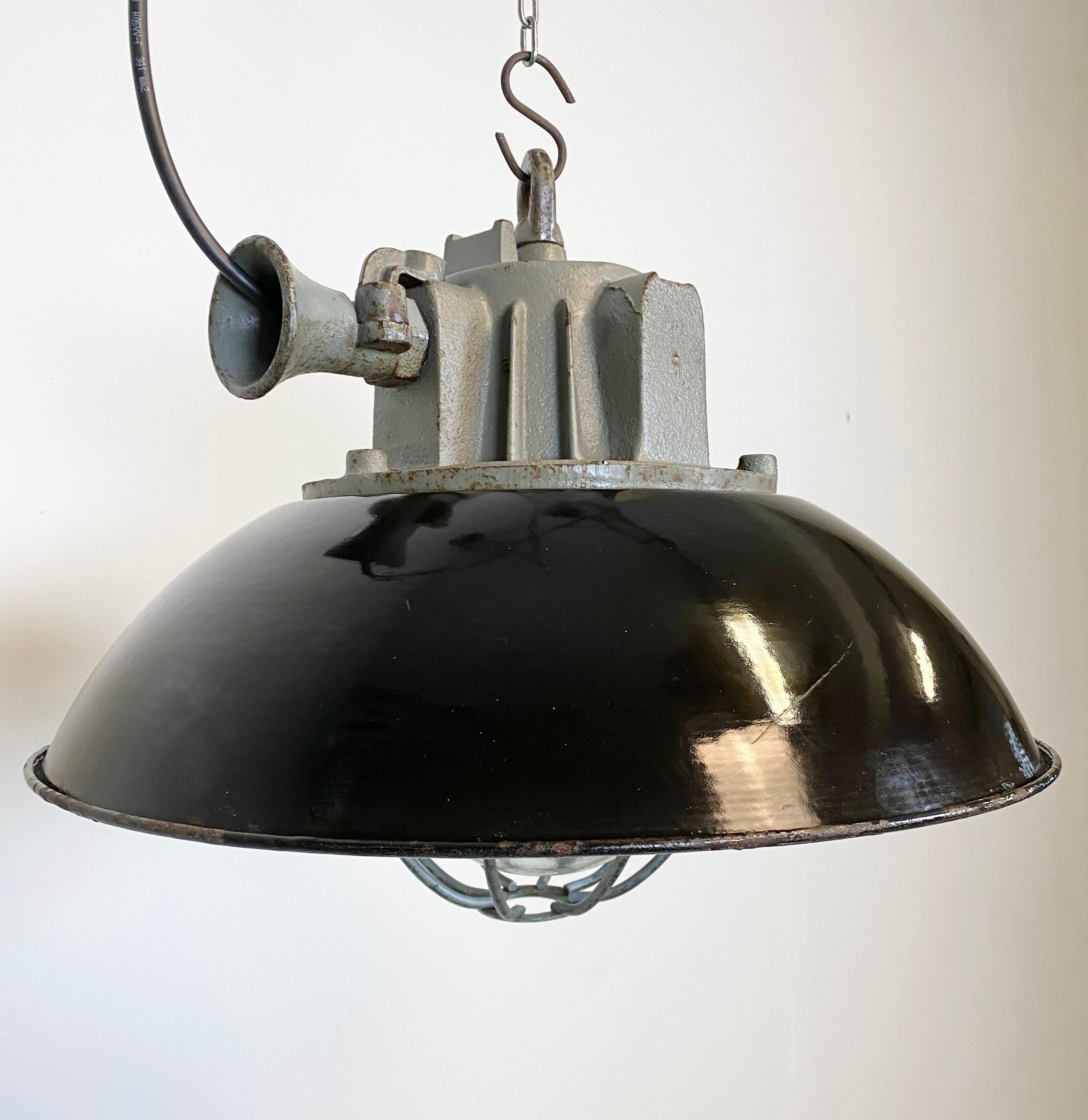 Czech Black Enamel and Cast Iron Industrial Cage Pendant Light, 1950s For Sale