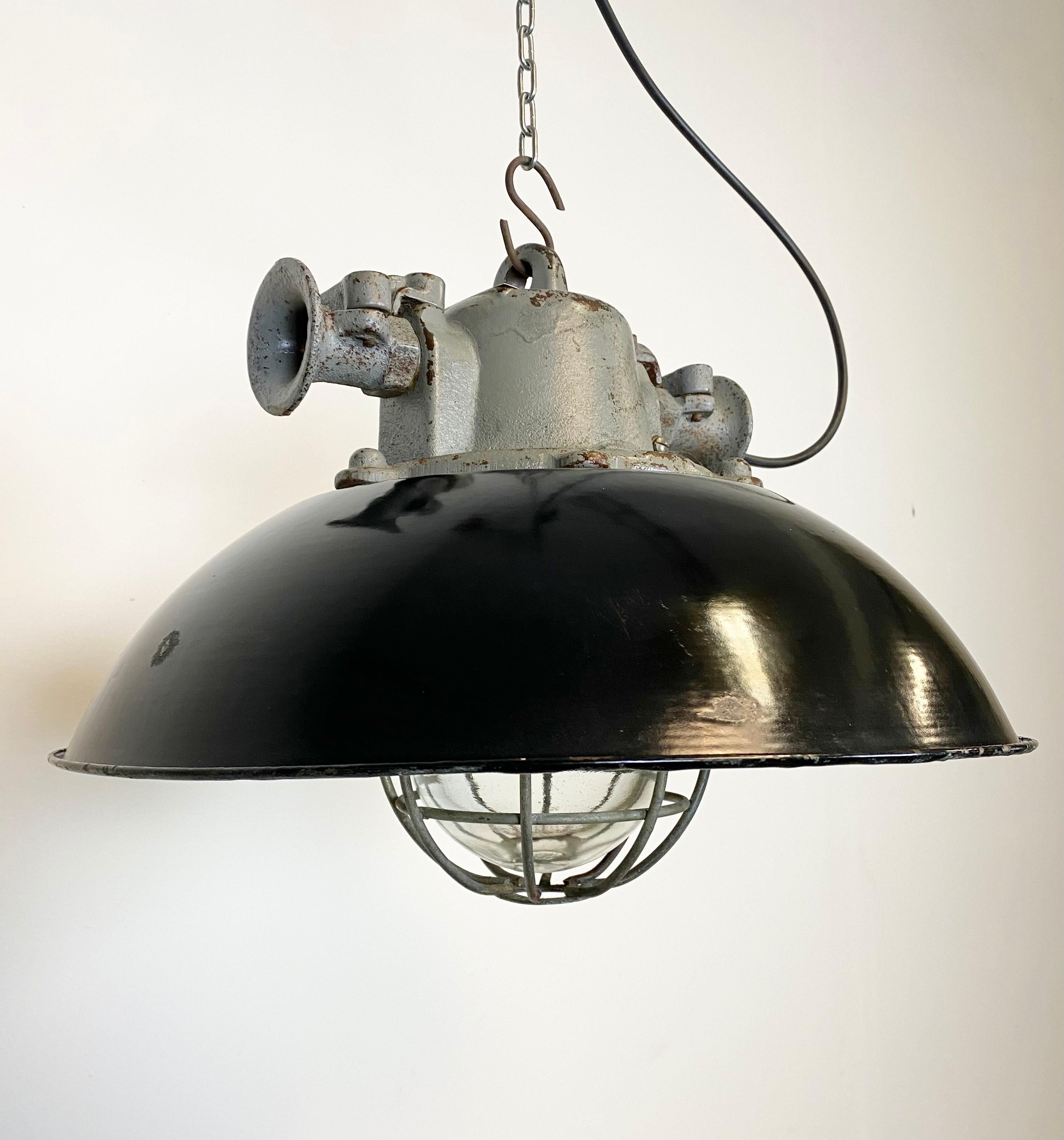 Black Enamel and Cast Iron Industrial Cage Pendant Light, 1950s In Good Condition In Kojetice, CZ