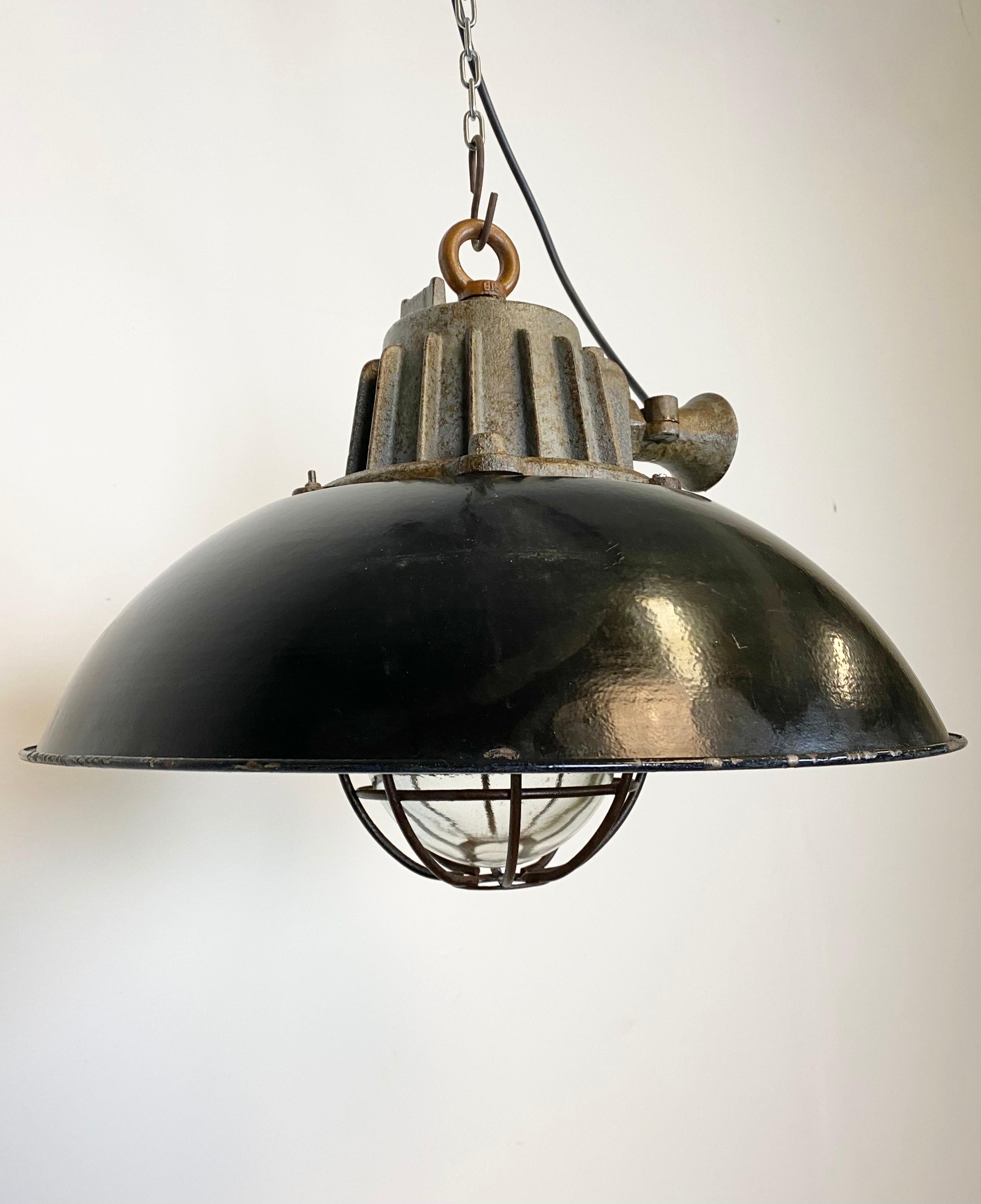 Mid-20th Century Black Enamel and Cast Iron Industrial Cage Pendant Light, 1950s