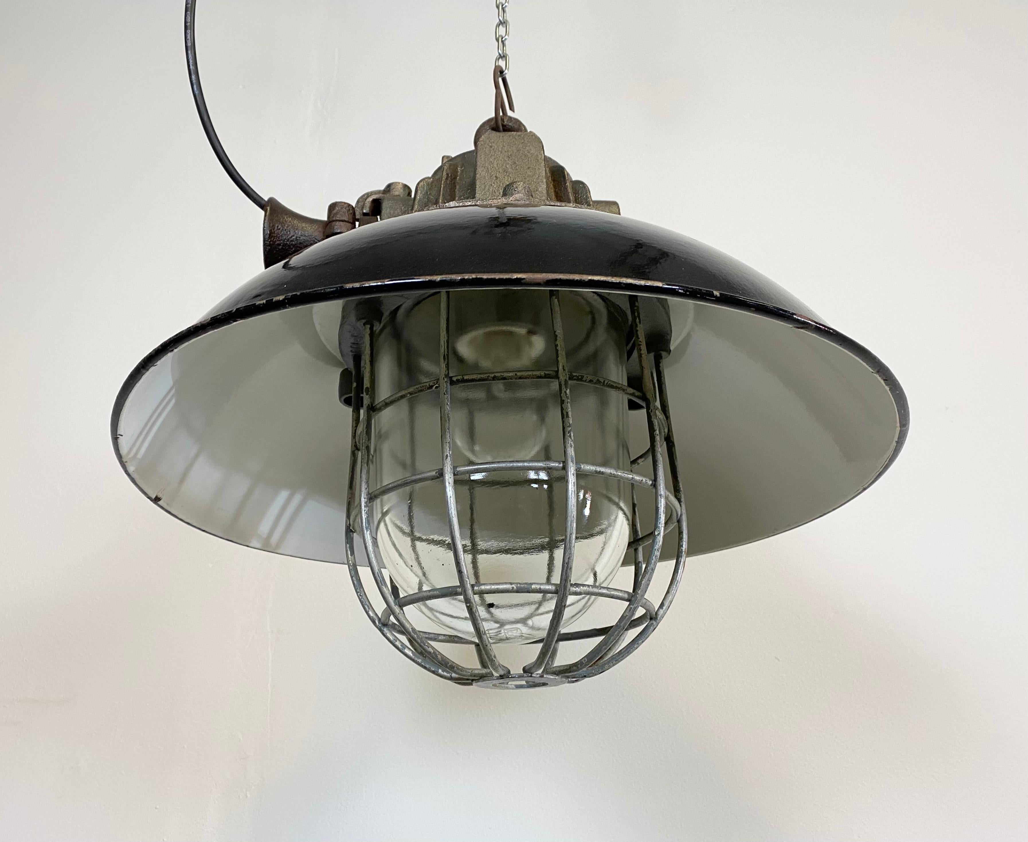 20th Century Black Enamel and Cast Iron Industrial Cage Pendant Light, 1950s For Sale