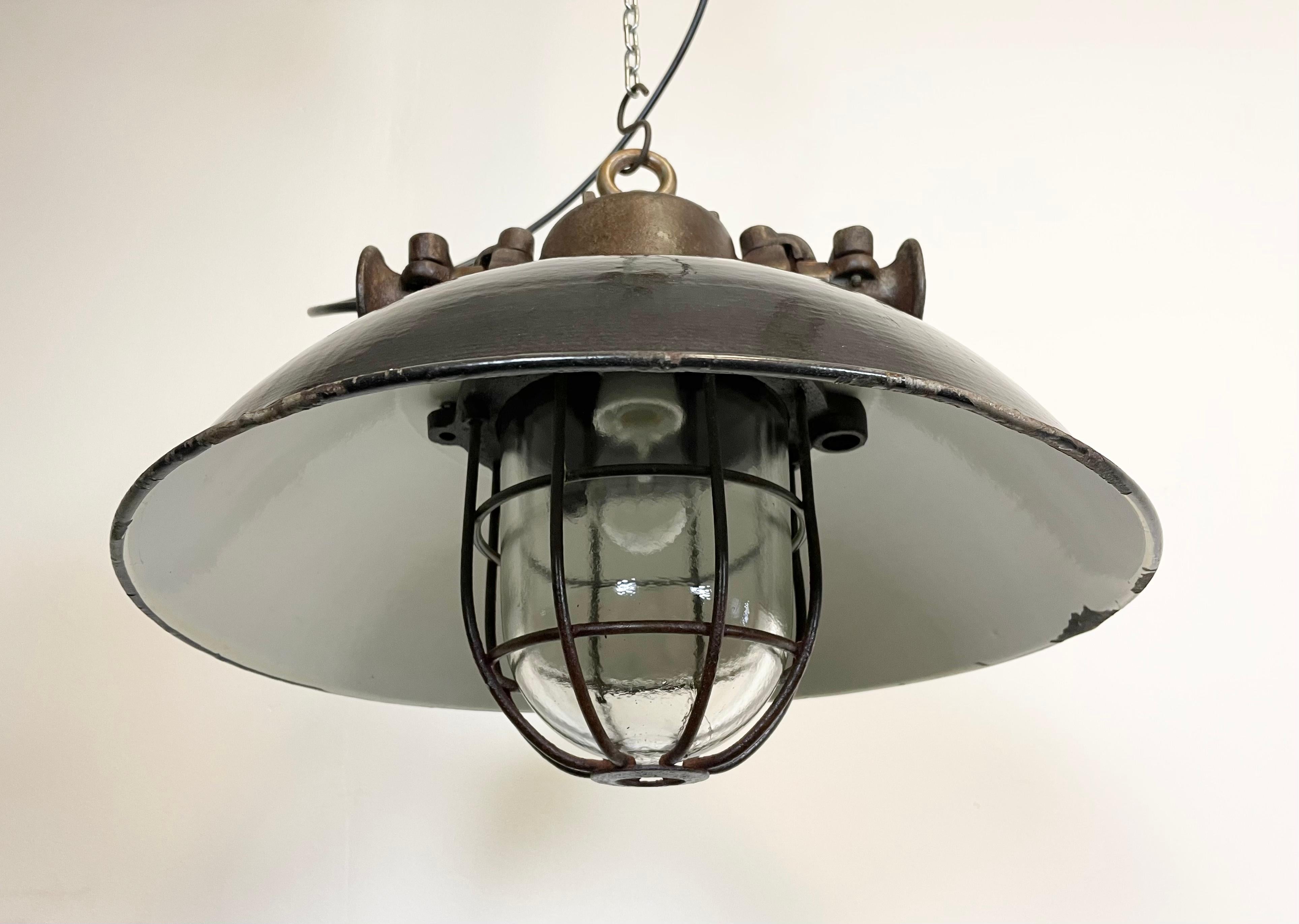 20th Century Black Enamel and Cast Iron Industrial Cage Pendant Light, 1950s