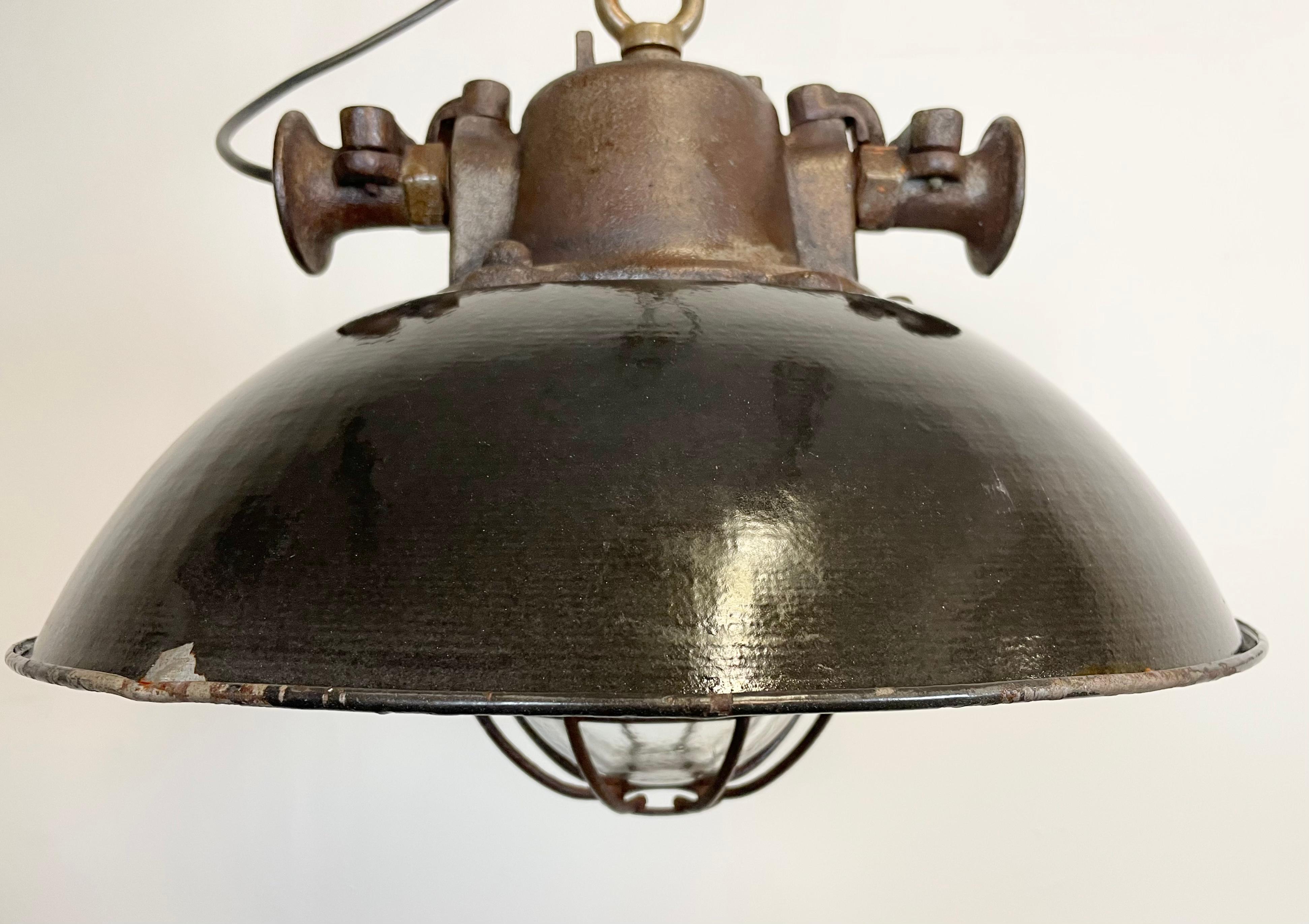 Black Enamel and Cast Iron Industrial Cage Pendant Light, 1950s 1