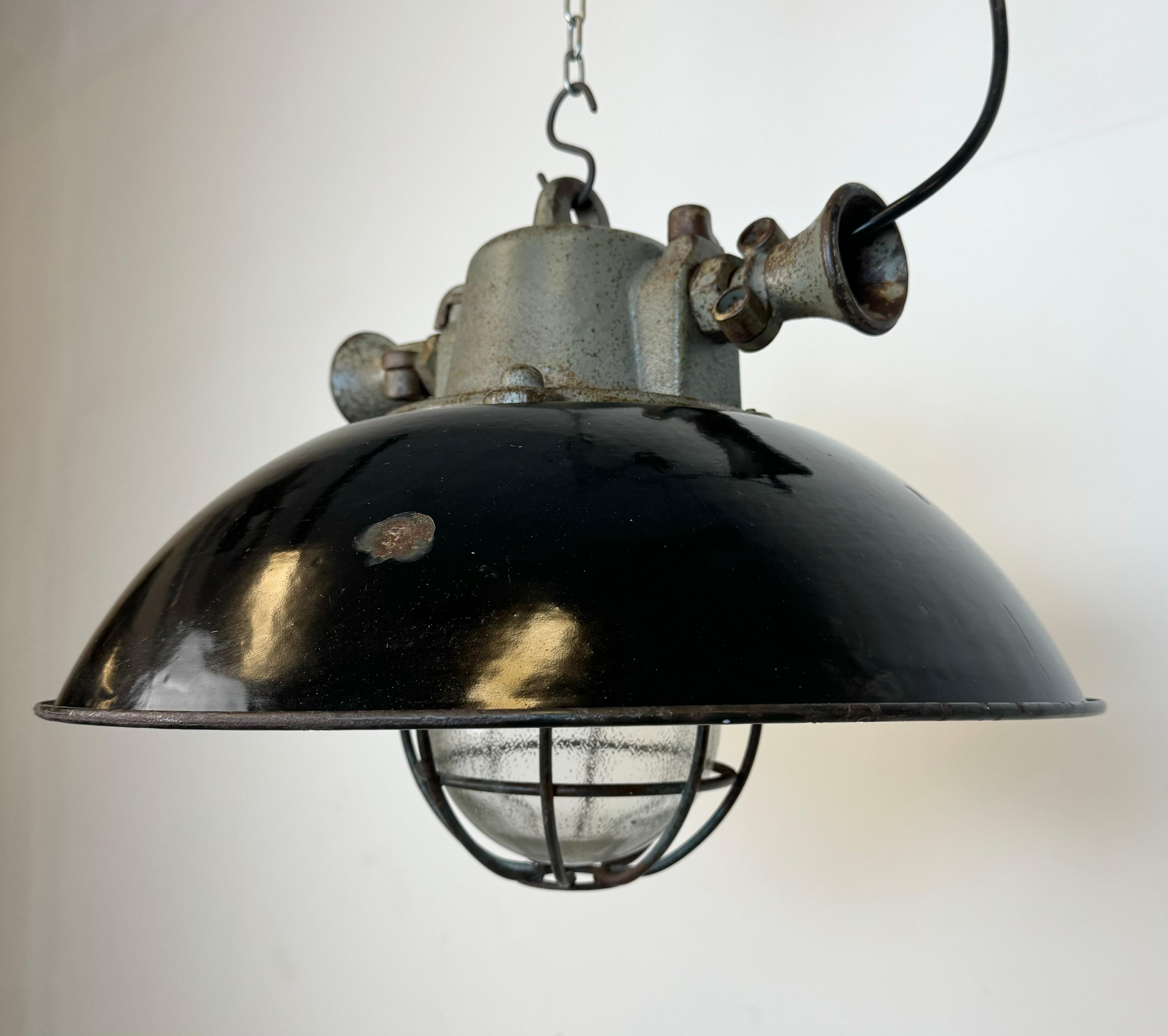 Black Enamel and Cast Iron Industrial Cage Pendant Light, 1950s 2