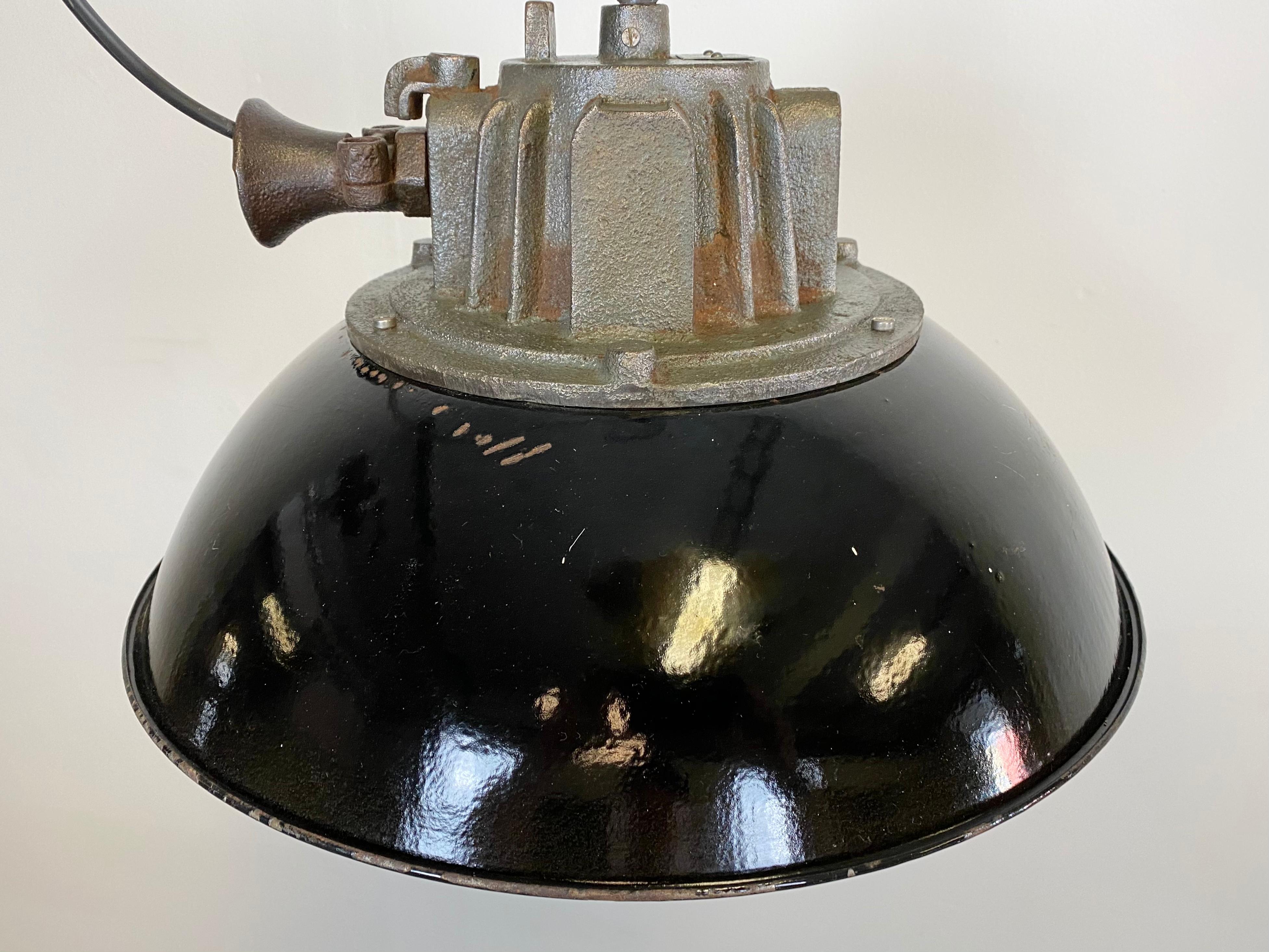 Black Enamel and Cast Iron Industrial Cage Pendant Light, 1950s For Sale 3