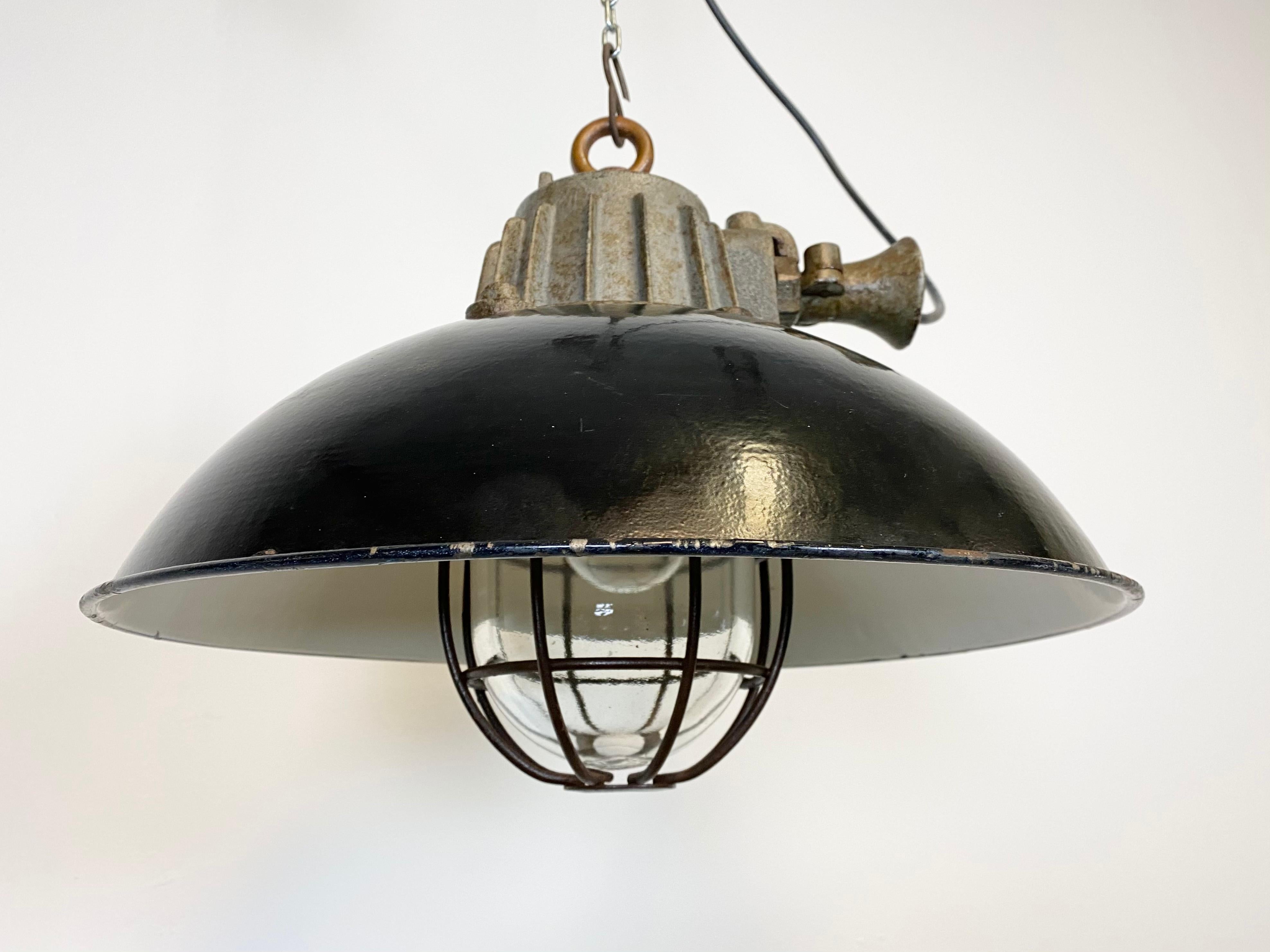 Black Enamel and Cast Iron Industrial Cage Pendant Light, 1950s 4
