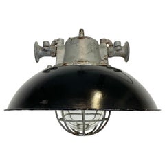 Black Enamel and Cast Iron Industrial Cage Pendant Light, 1950s