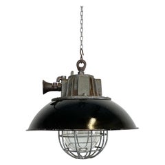 Black Enamel and Cast Iron Industrial Cage Pendant Light, 1950s