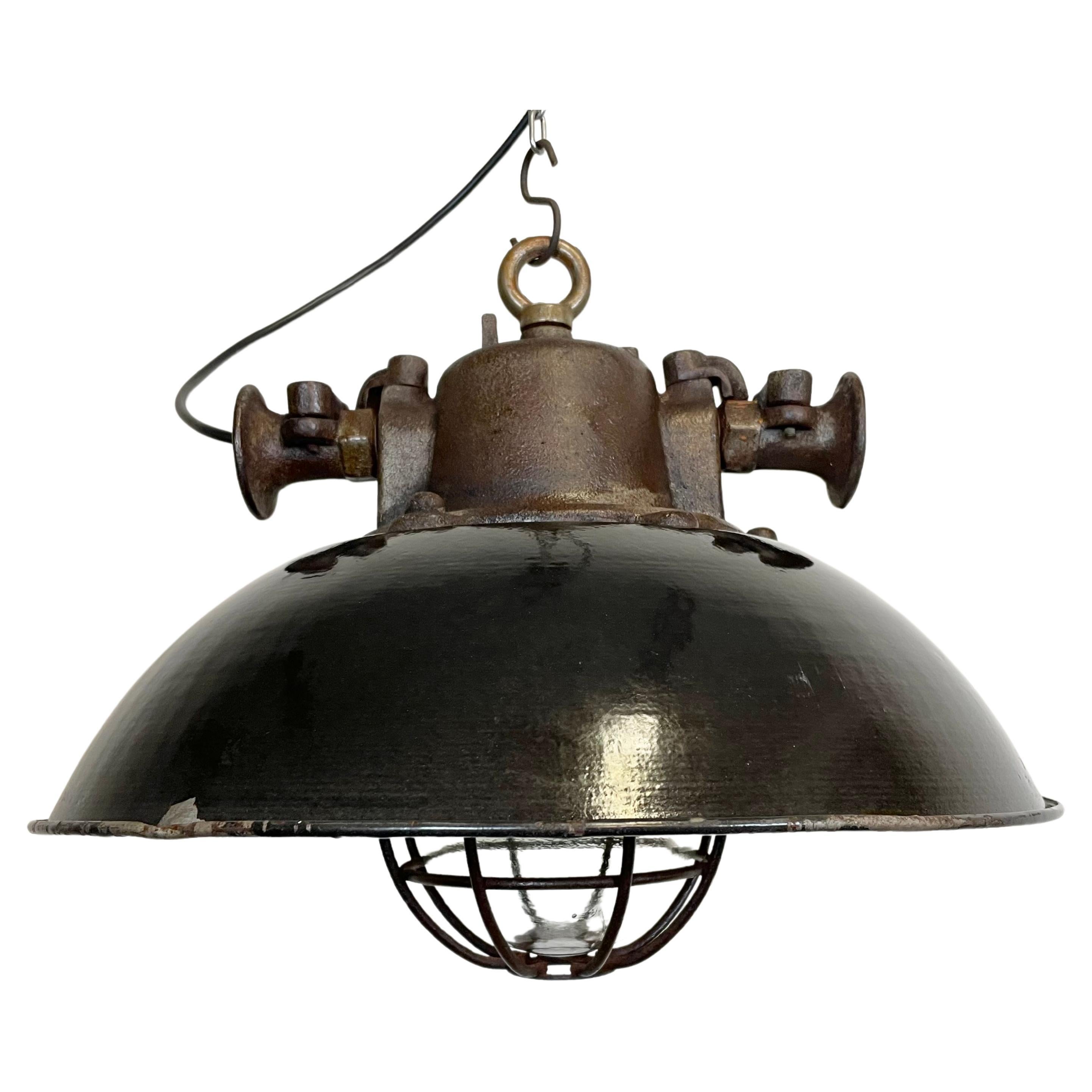 Black Enamel and Cast Iron Industrial Cage Pendant Light, 1950s