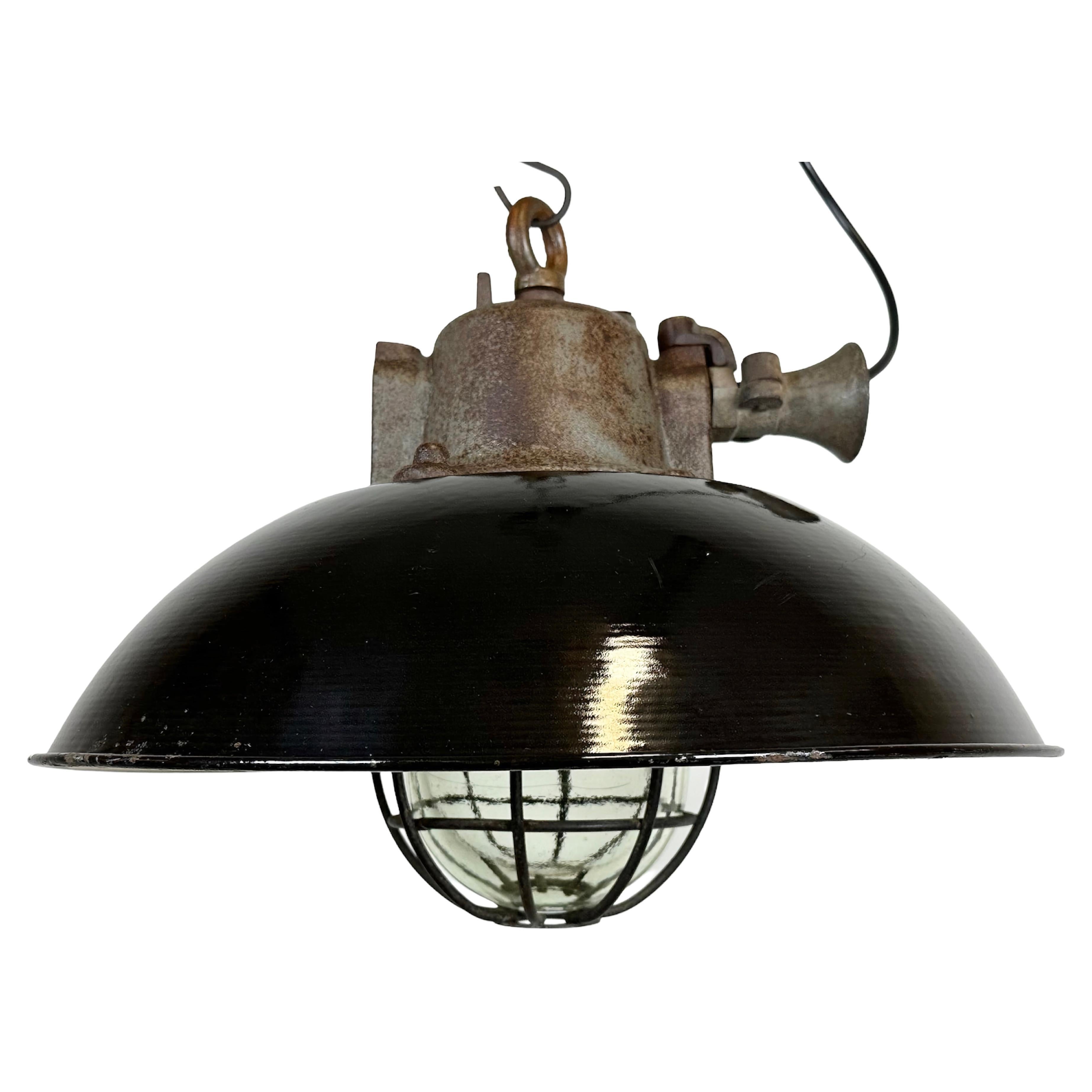 Black Enamel and Cast Iron Industrial Cage Pendant Light, 1950s