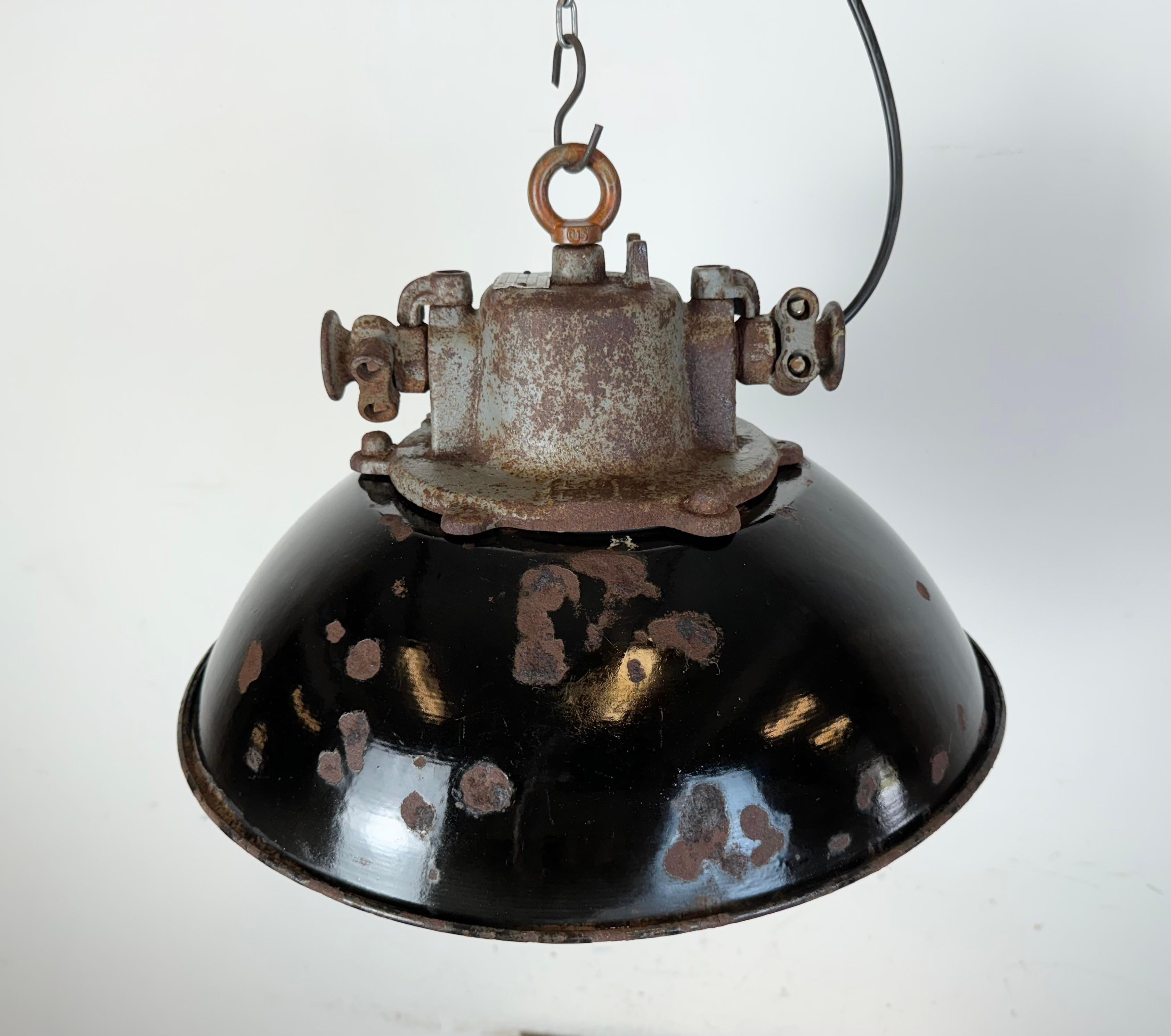 Black Enamel and Cast Iron Industrial Cage Pendant Light, 1960s For Sale 5