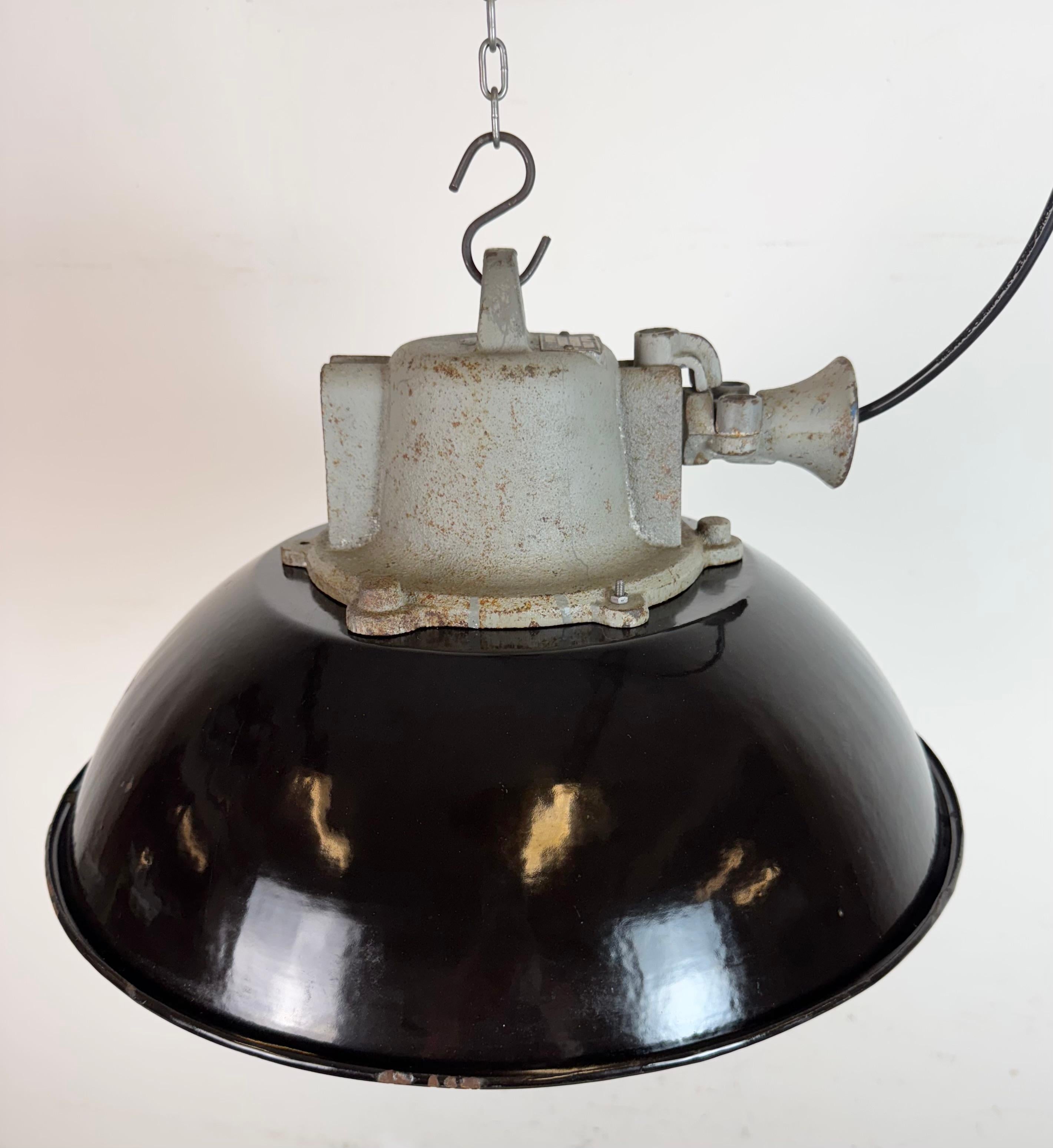 Lampada a sospensione industriale a gabbia in ghisa e smalto nero, anni '1960 in vendita 2