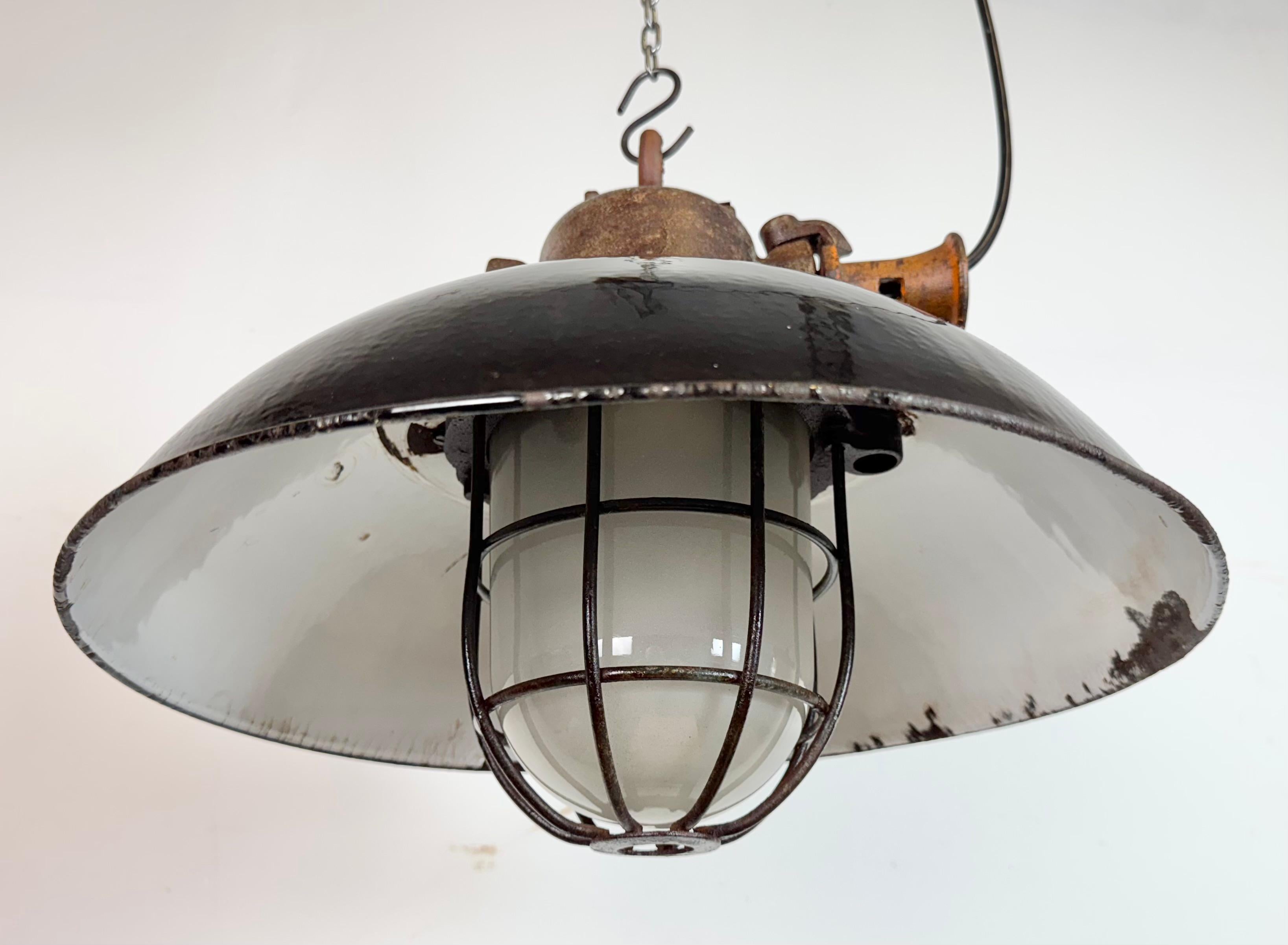Lampada a sospensione industriale a gabbia in ghisa e smalto nero, anni '1960 in vendita 3