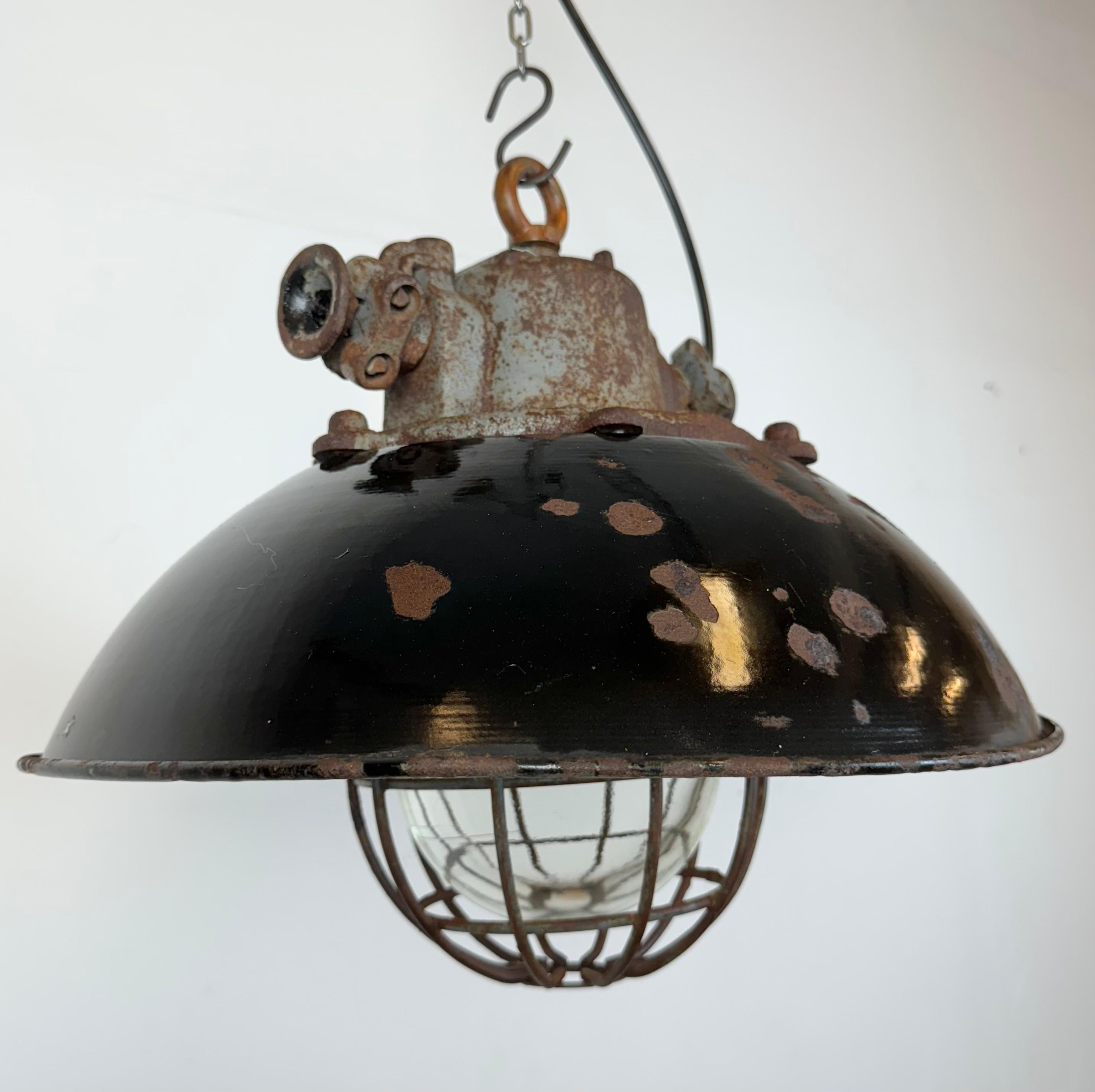 Black Enamel and Cast Iron Industrial Cage Pendant Light, 1960s For Sale 7