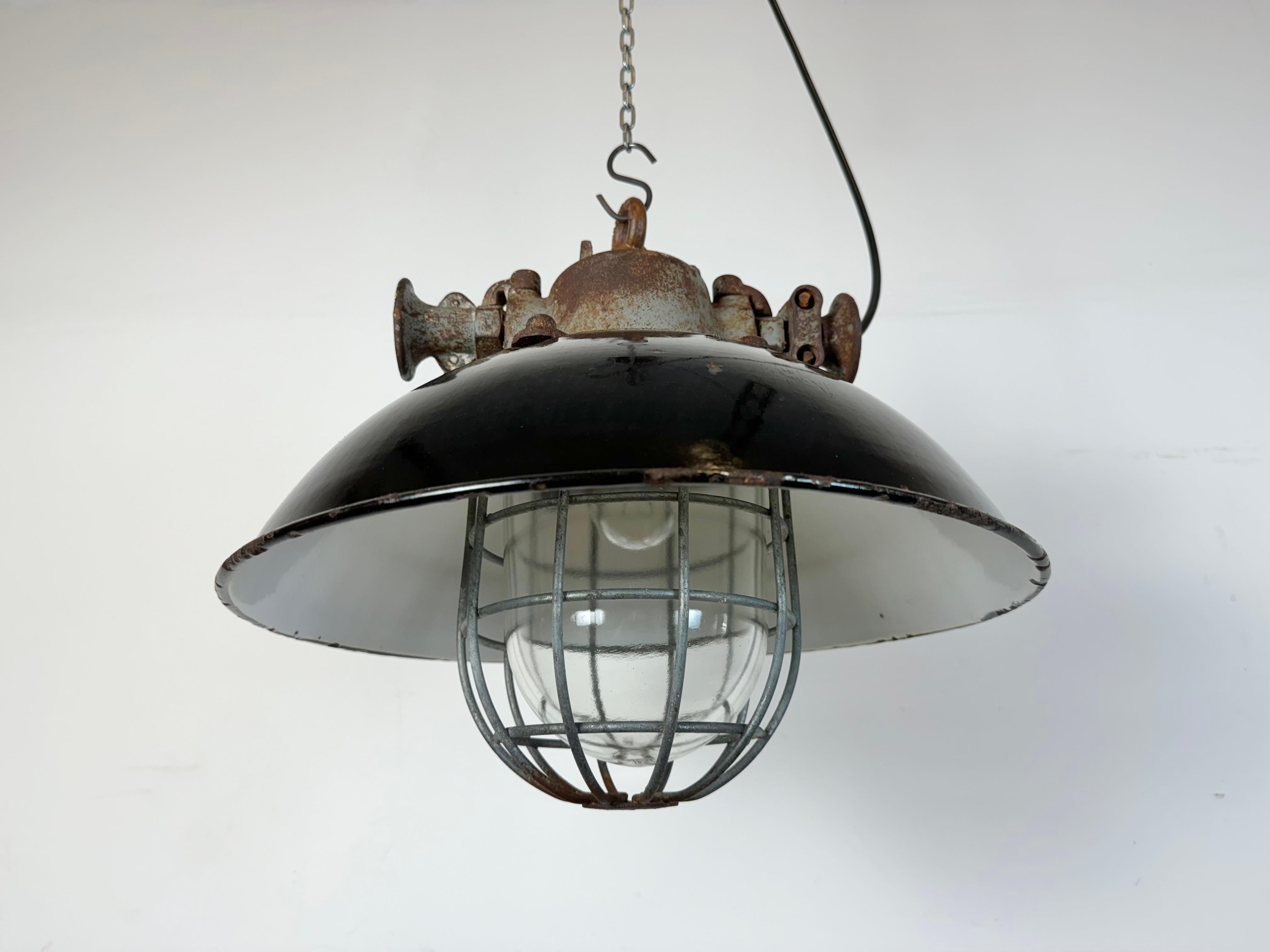 Black Enamel and Cast Iron Industrial Cage Pendant Light, 1960s 7