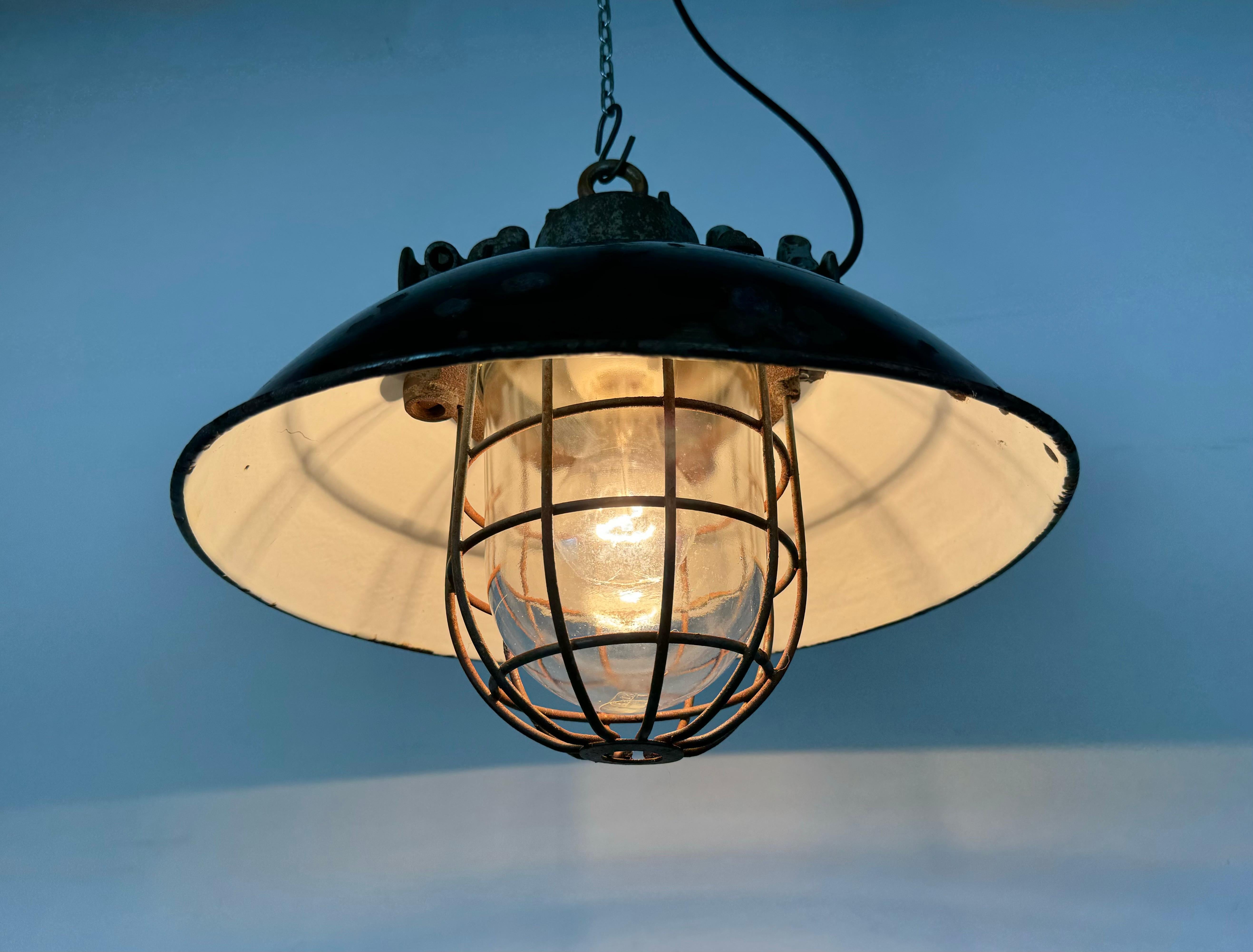 Black Enamel and Cast Iron Industrial Cage Pendant Light, 1960s For Sale 8