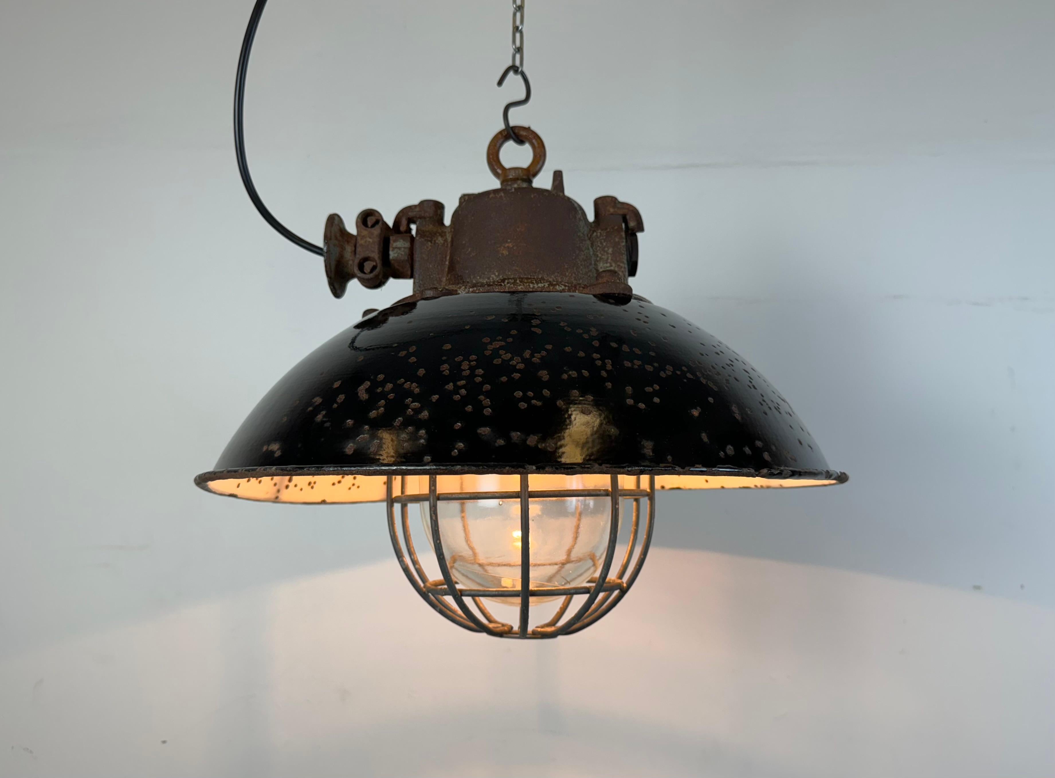 Black Enamel and Cast Iron Industrial Cage Pendant Light, 1960s For Sale 8