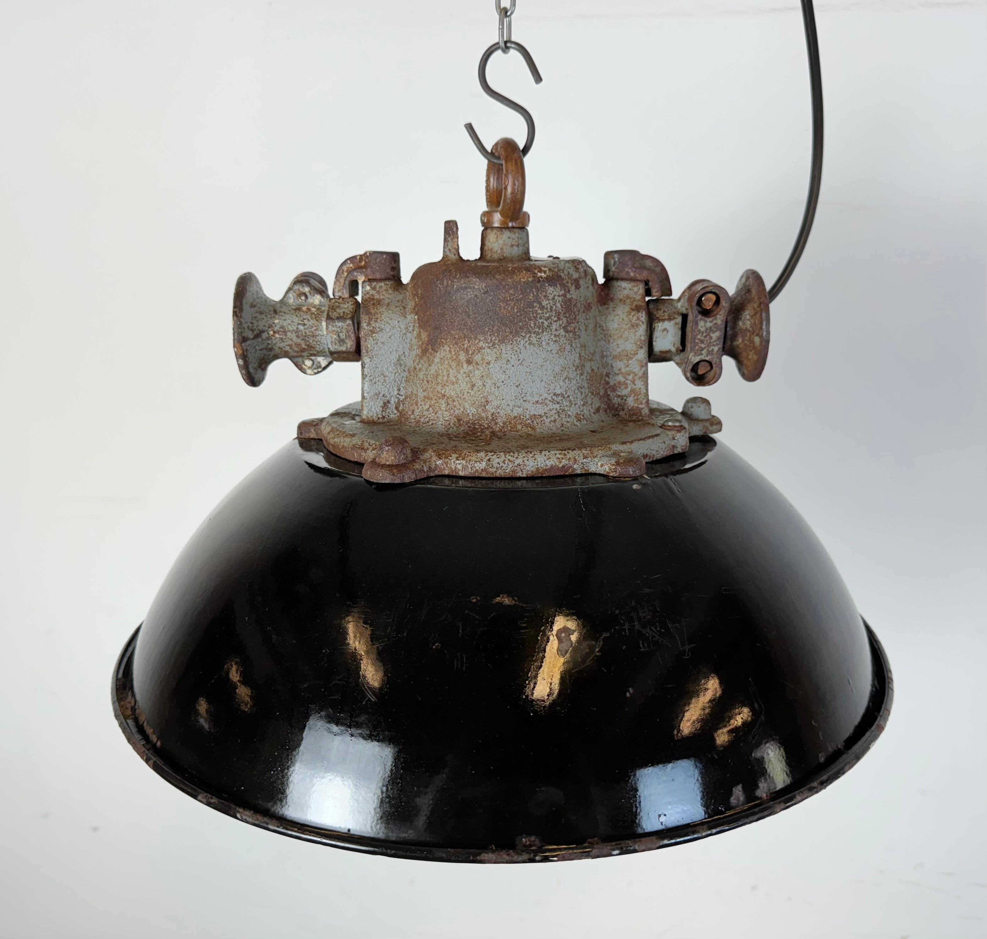 Black Enamel and Cast Iron Industrial Cage Pendant Light, 1960s 8