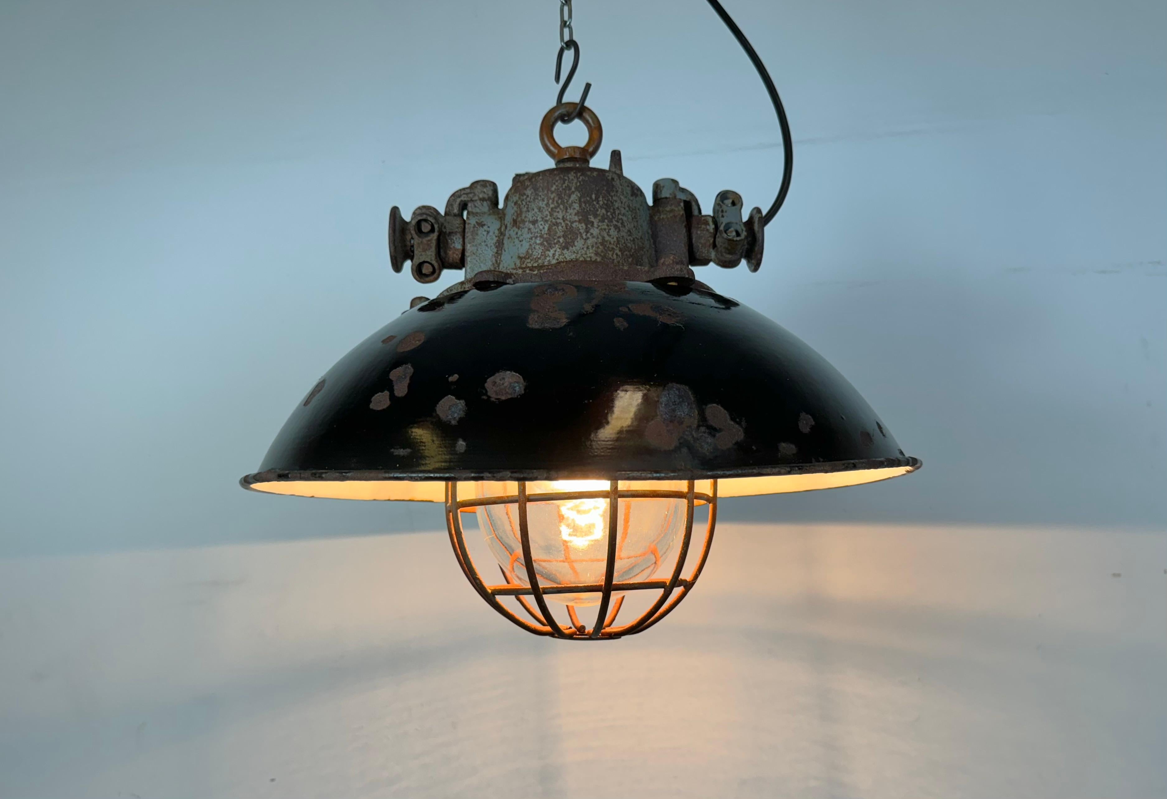 Black Enamel and Cast Iron Industrial Cage Pendant Light, 1960s For Sale 9