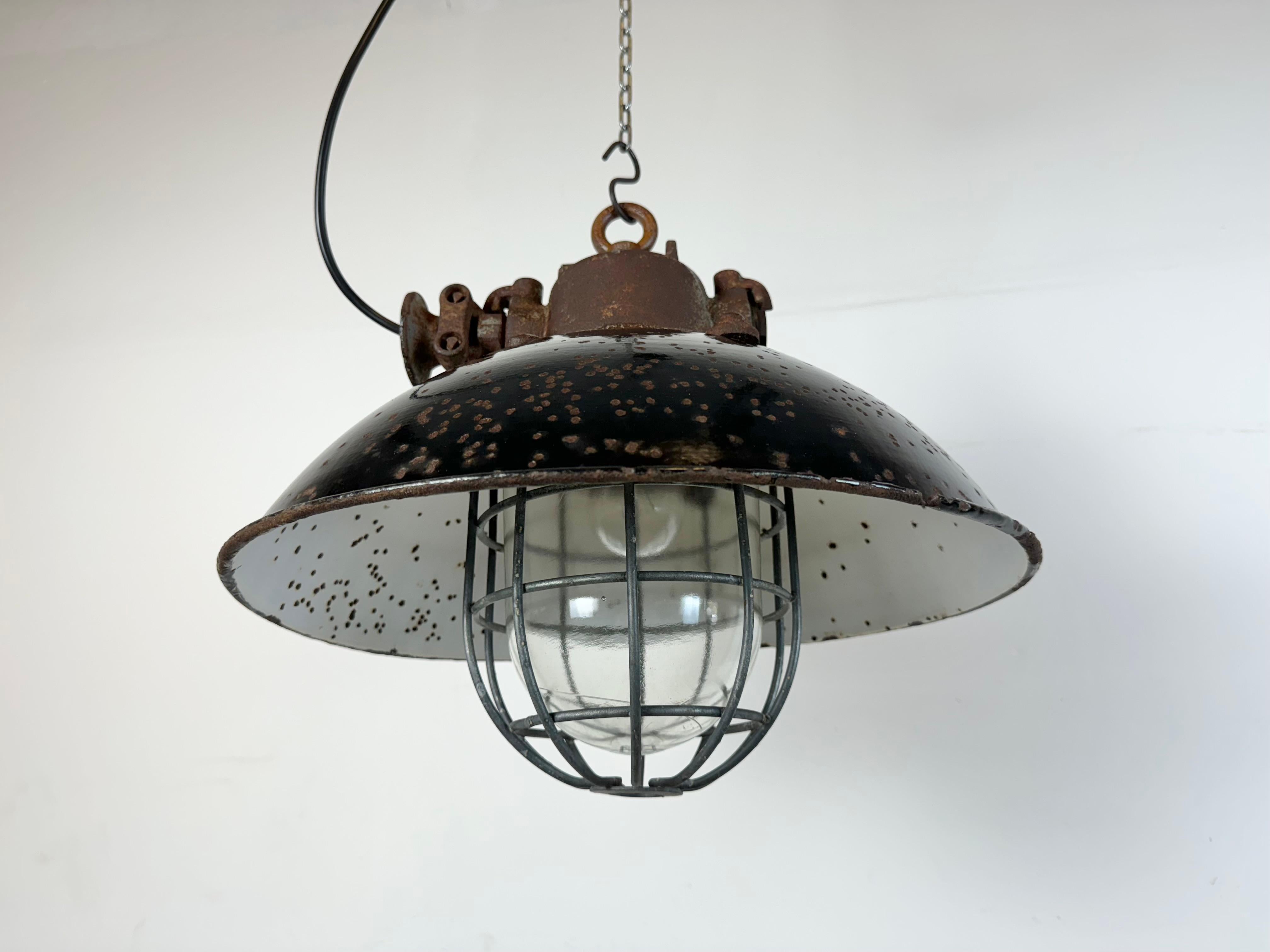 Black Enamel and Cast Iron Industrial Cage Pendant Light, 1960s For Sale 9