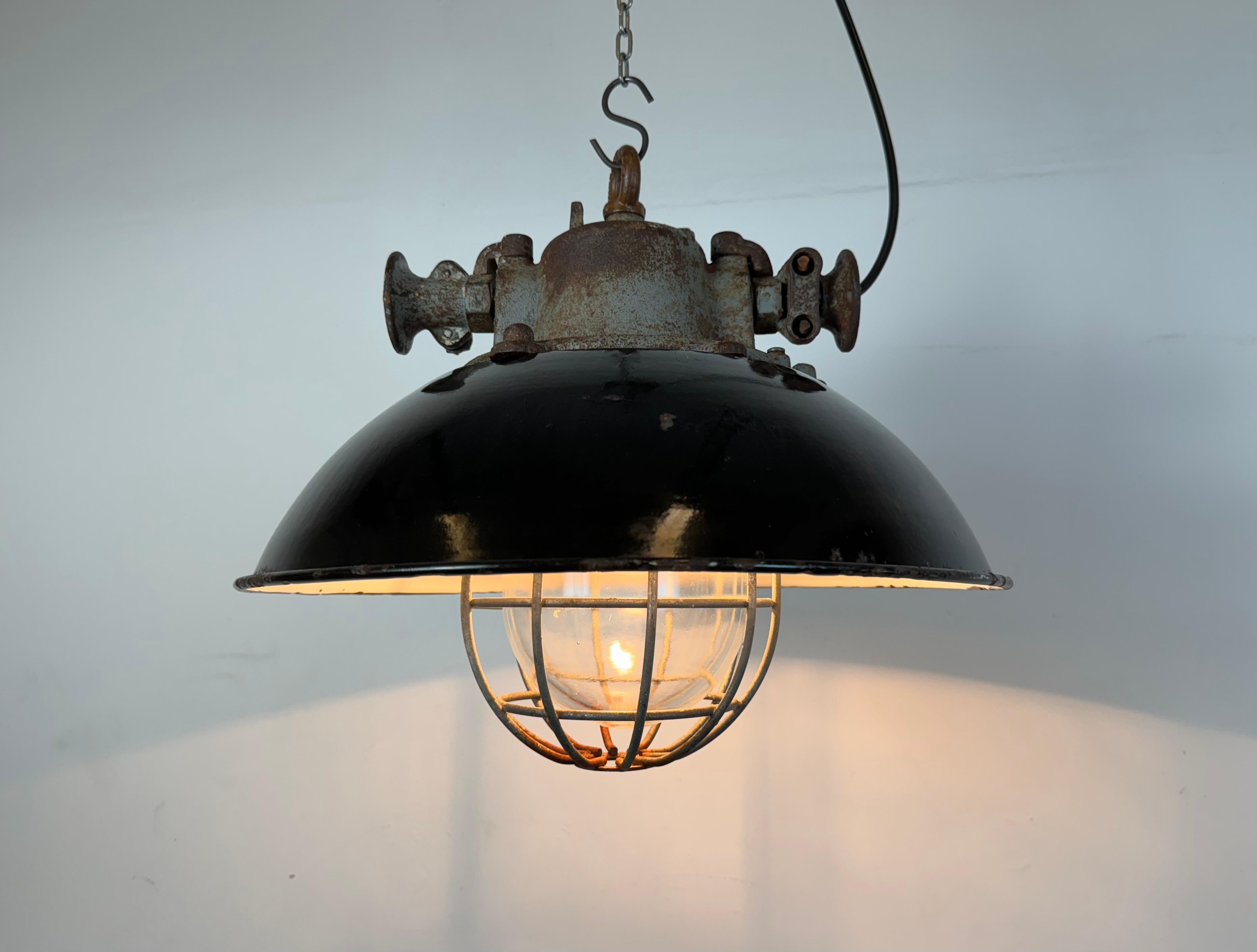 Black Enamel and Cast Iron Industrial Cage Pendant Light, 1960s 9