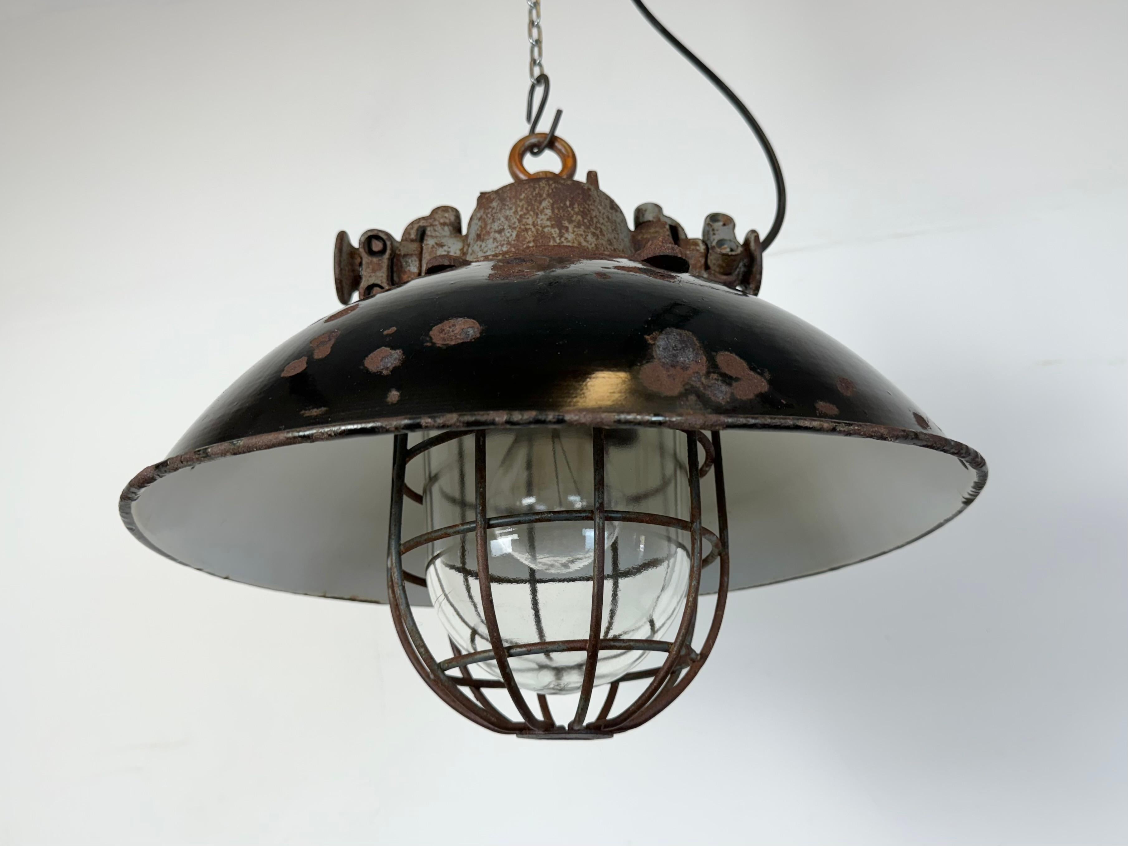 Black Enamel and Cast Iron Industrial Cage Pendant Light, 1960s For Sale 10