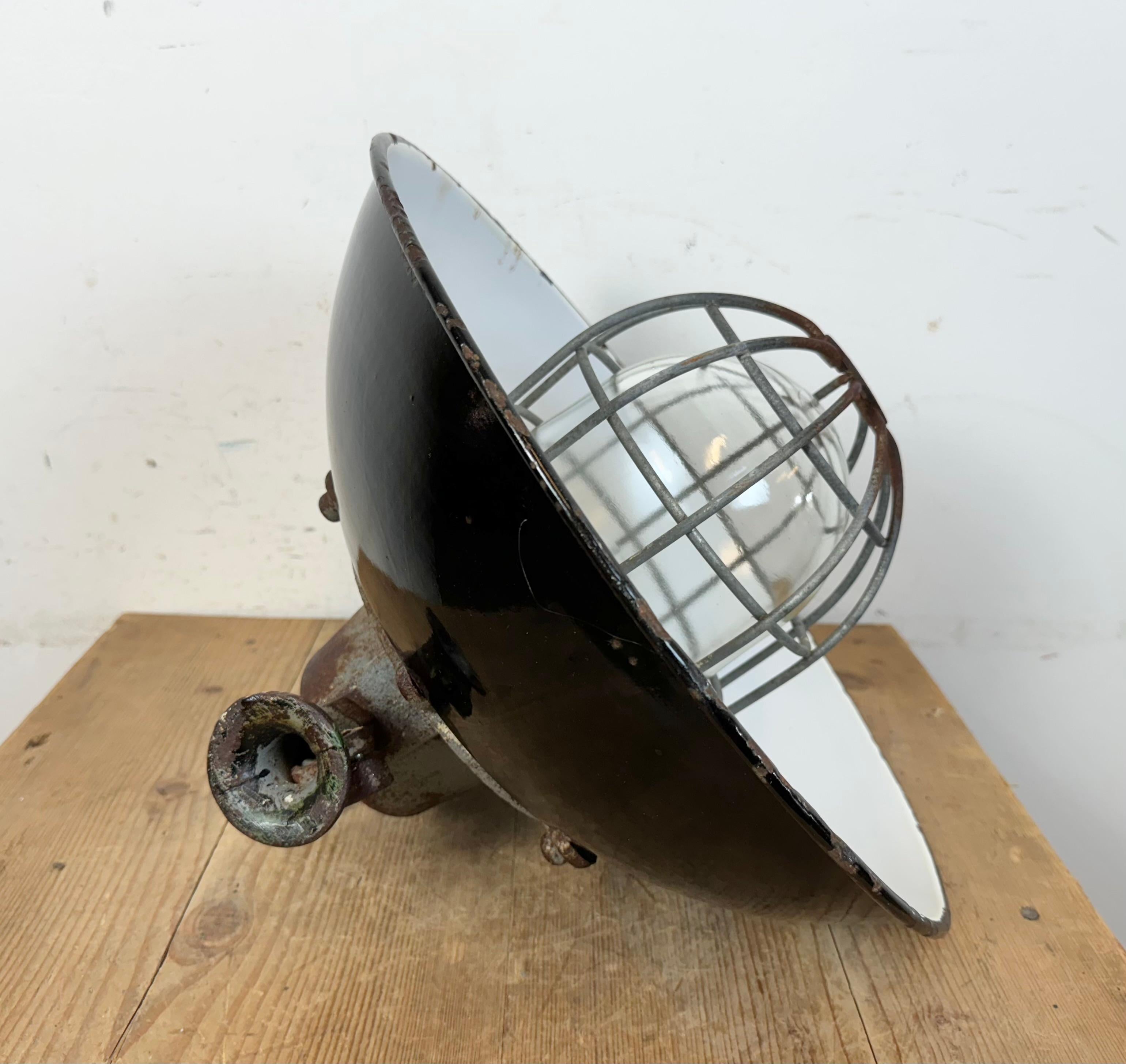 Black Enamel and Cast Iron Industrial Cage Pendant Light, 1960s 10