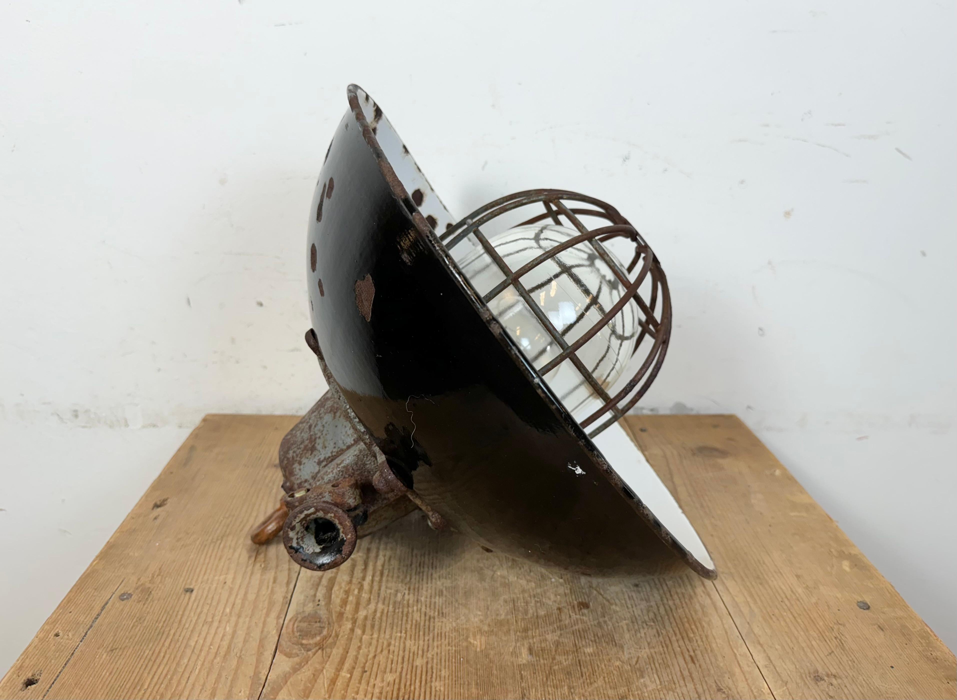 Black Enamel and Cast Iron Industrial Cage Pendant Light, 1960s For Sale 12