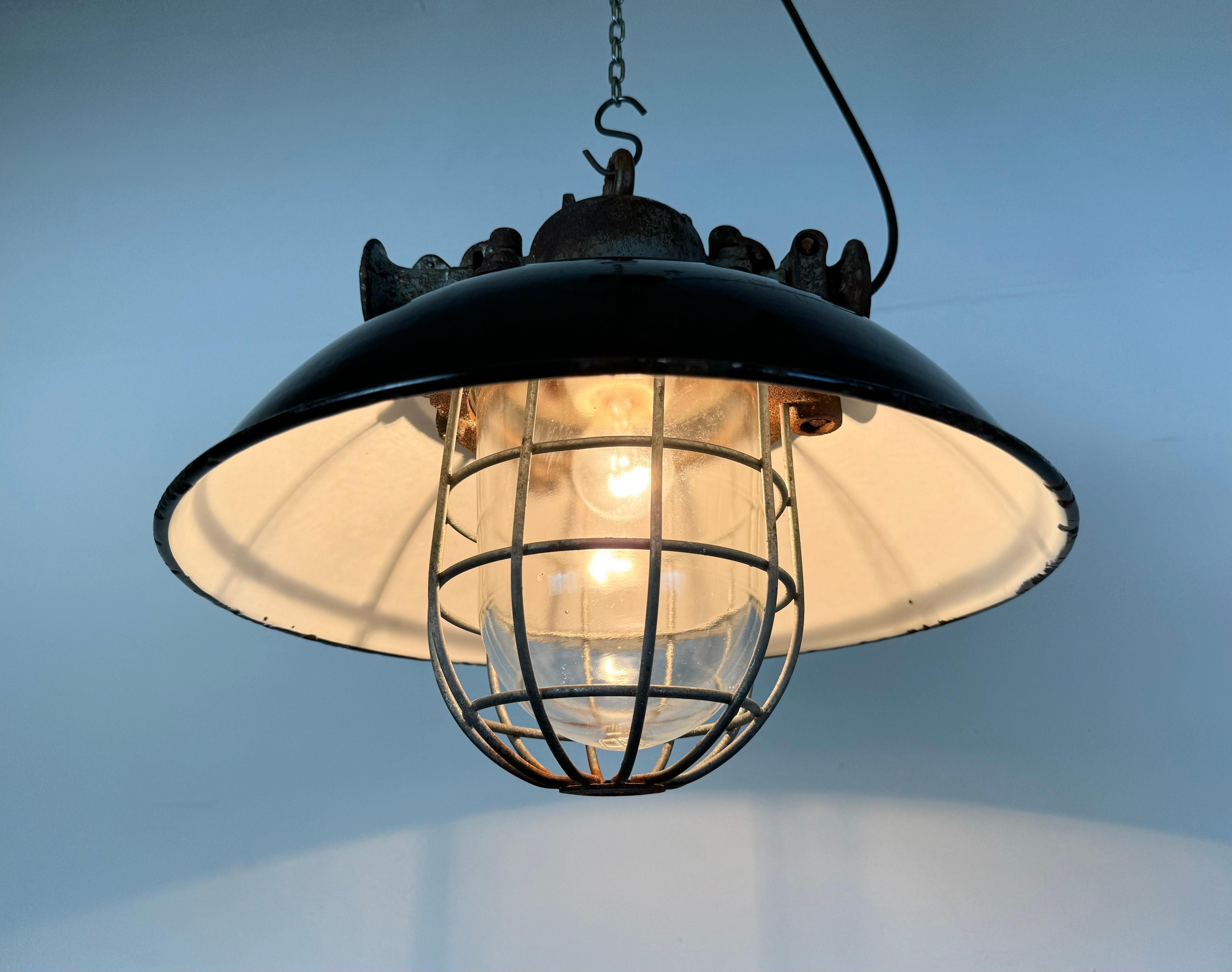 Black Enamel and Cast Iron Industrial Cage Pendant Light, 1960s 12